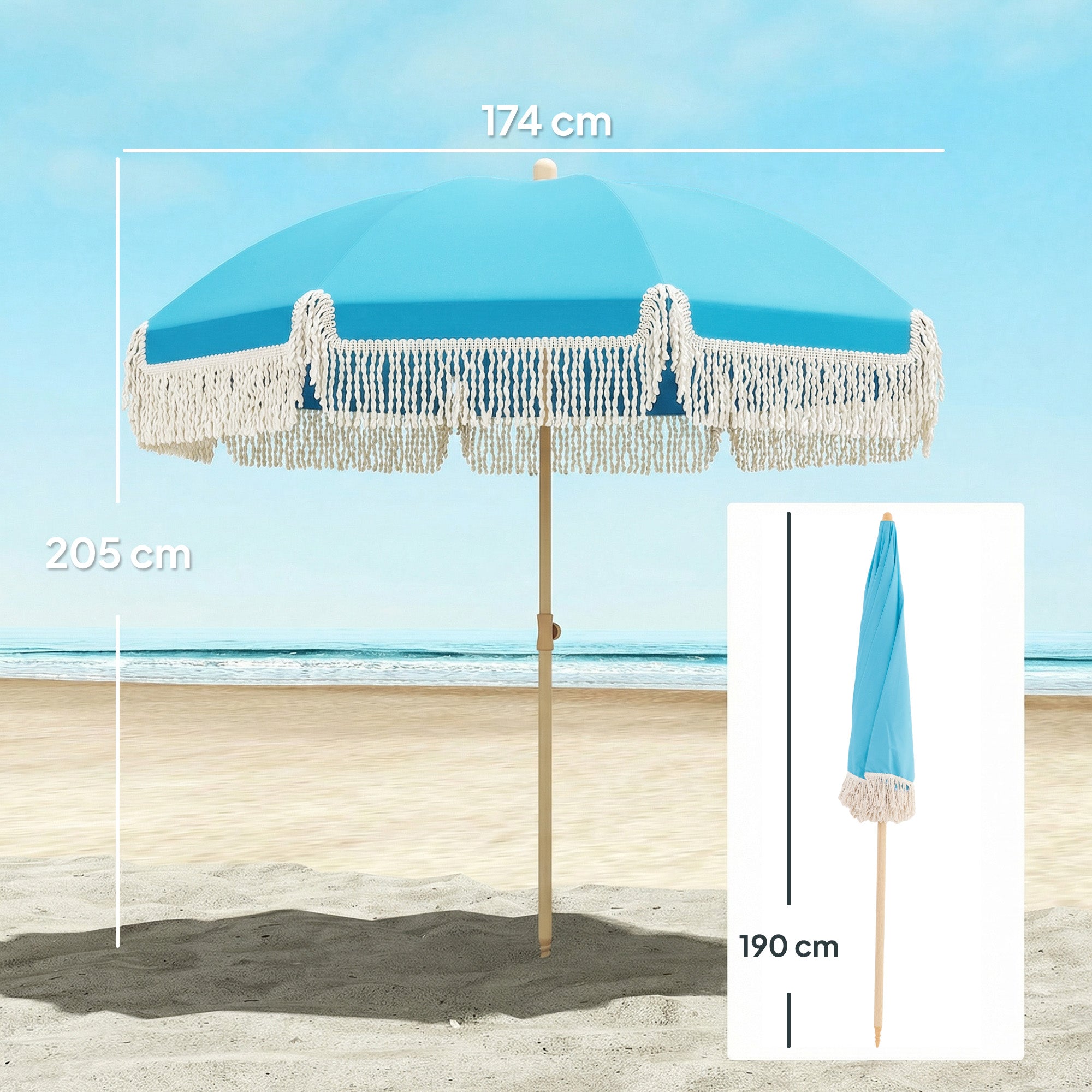 Outsunny 1.7 m Beach Umbrella with Sand Anchor, 30° Tilting Fringed Beach Garden Parasol with Adjustable Height, Grey