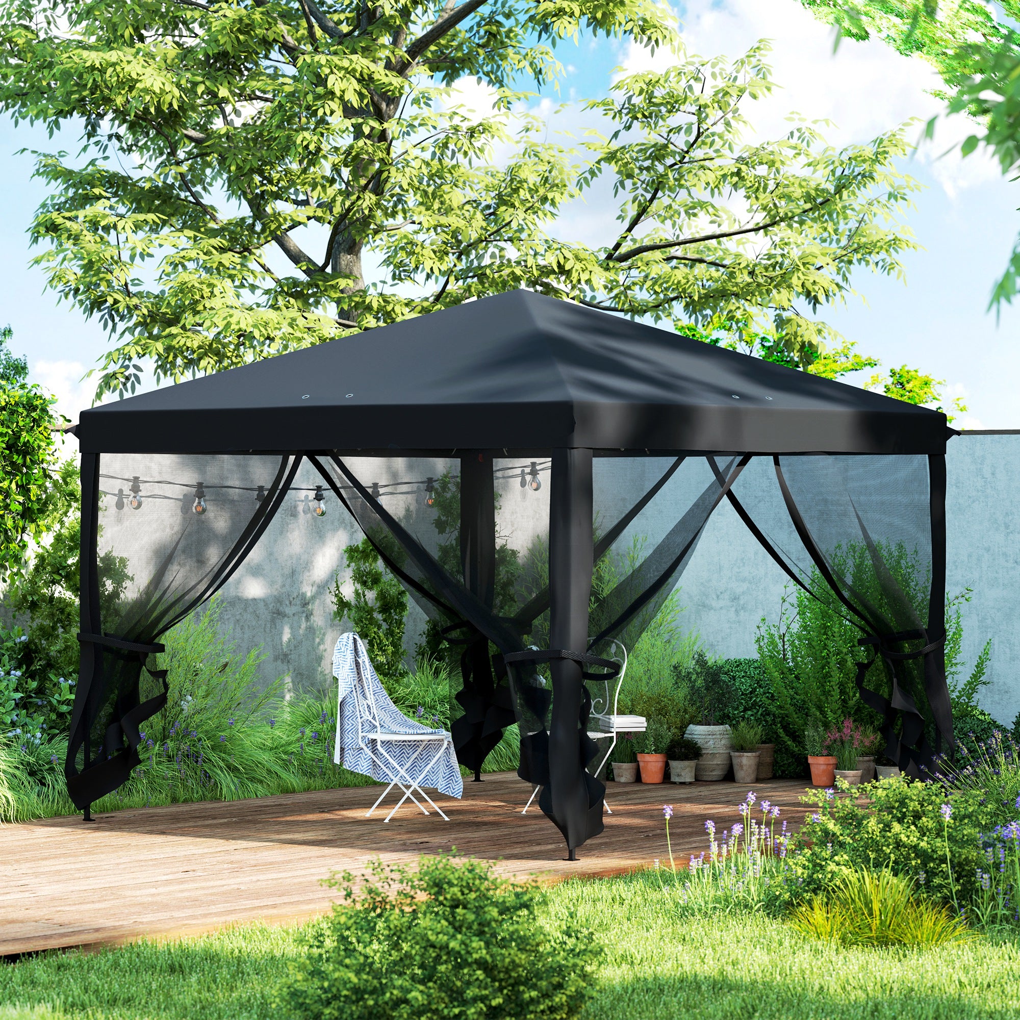 Outsunny 3 x 3\'c2\'a0m Pop Up Gazebo, 420D Garden Tent Canopy with Removable Mesh Sidewall Netting, Carry Bag for Garden Patio Outdoor, Black
