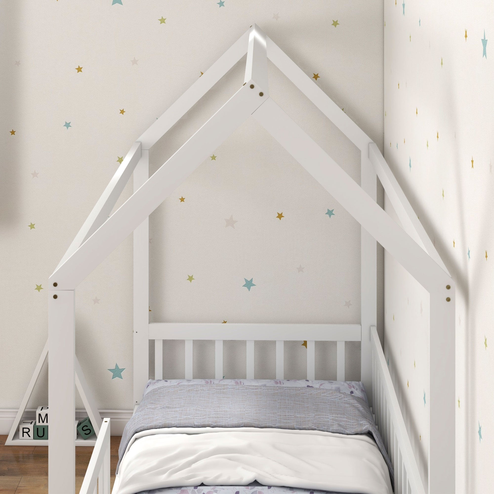HOMCOM House-Shaped Kids Bed Frame with Safety Fence, Solid Pine Wood Single Bed Frame for Kids Boys and Girls