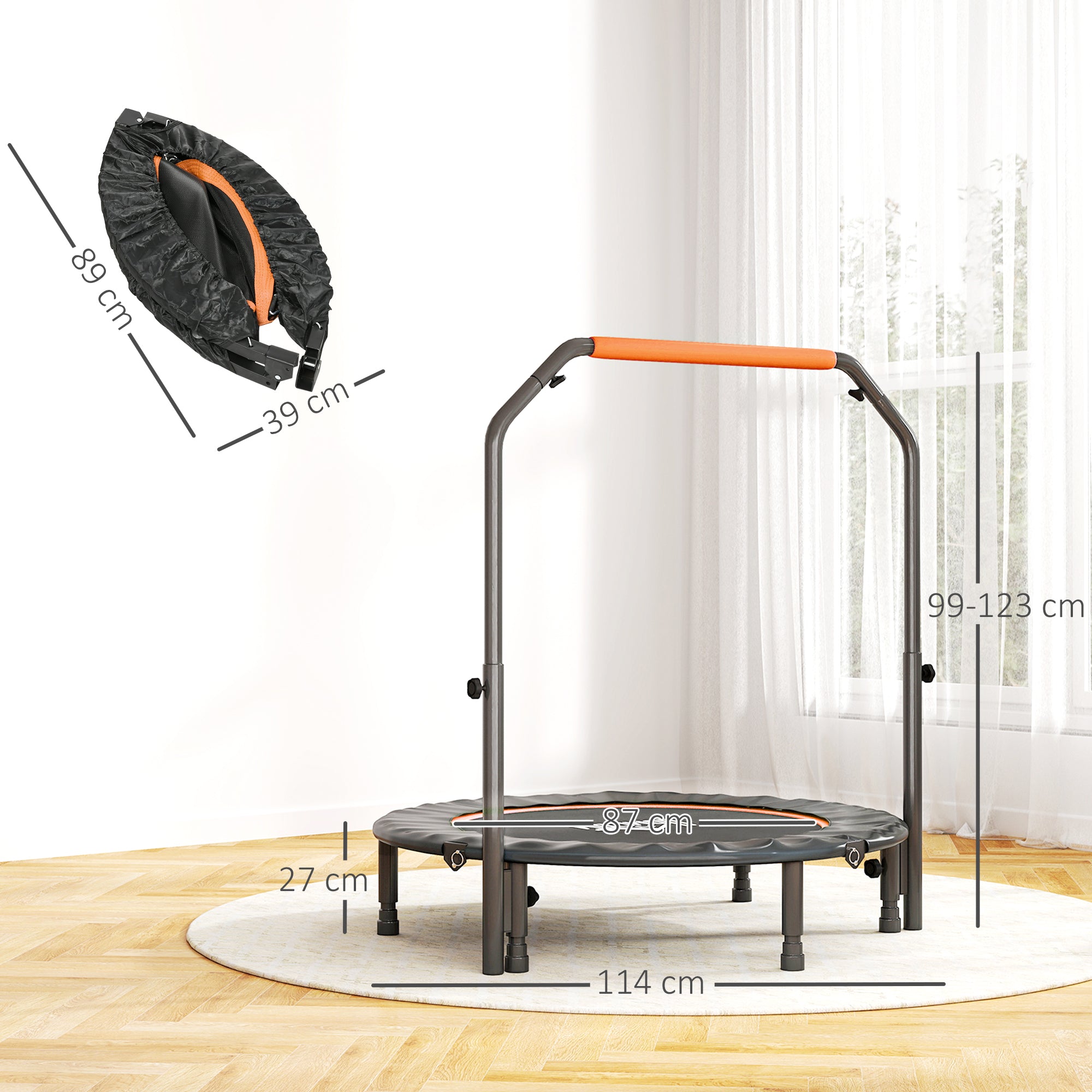 HOMCOM 45" Foldable Mini Fitness Trampoline, with Adjustable Foam Handle, Orange