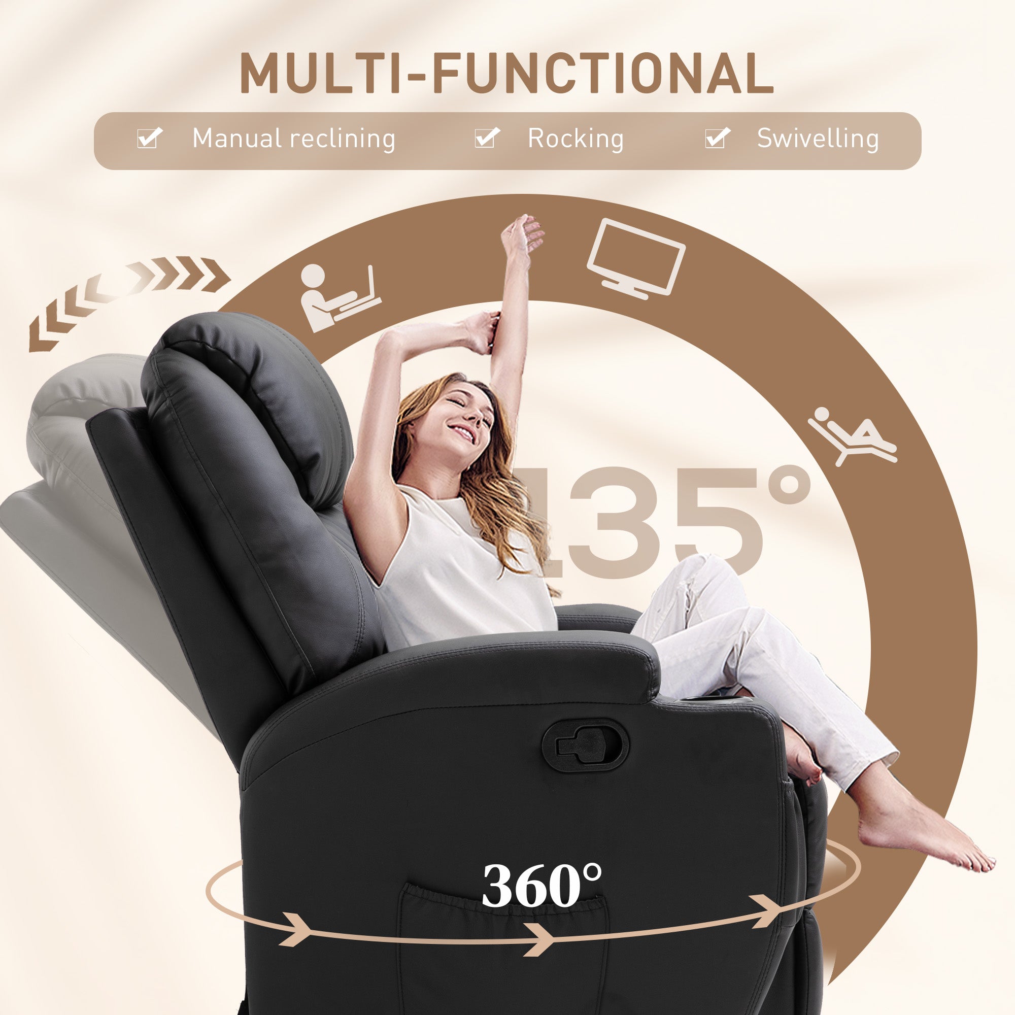 HOMCOM Recliner Armchair, Rocking Massage Swivel PU Leather Manual Reclining Chair with Adjustable Leg Rest, Drink Holders, Side Pocket, for Home Living Room Theater, Black