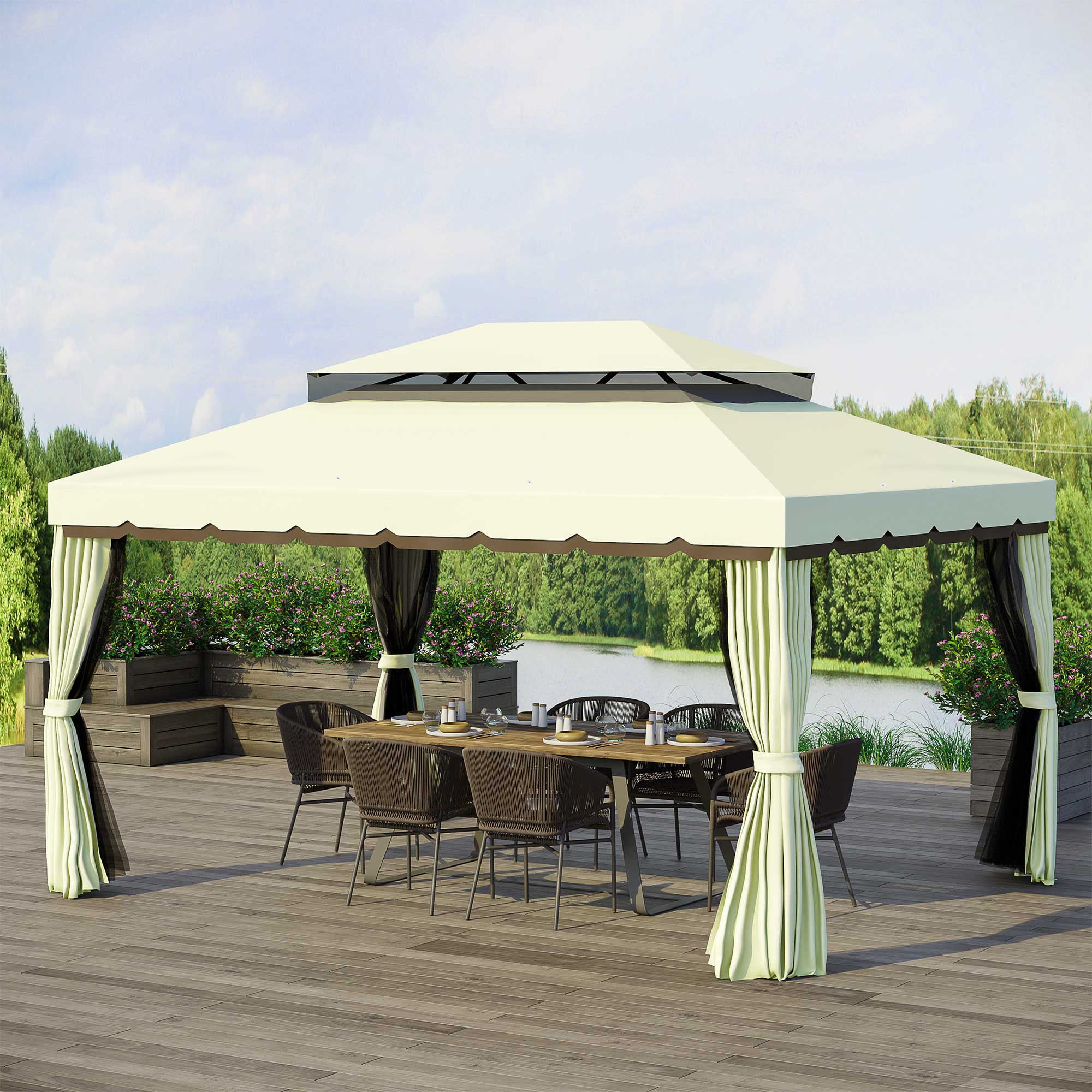 Outsunny 4 x 3 m Aluminum Garden Gazebo, Double Roof Outdoor Gazebo Canopy Shelter with Netting & Curtains for Garden, Lawn, Backyard and Deck, Cream