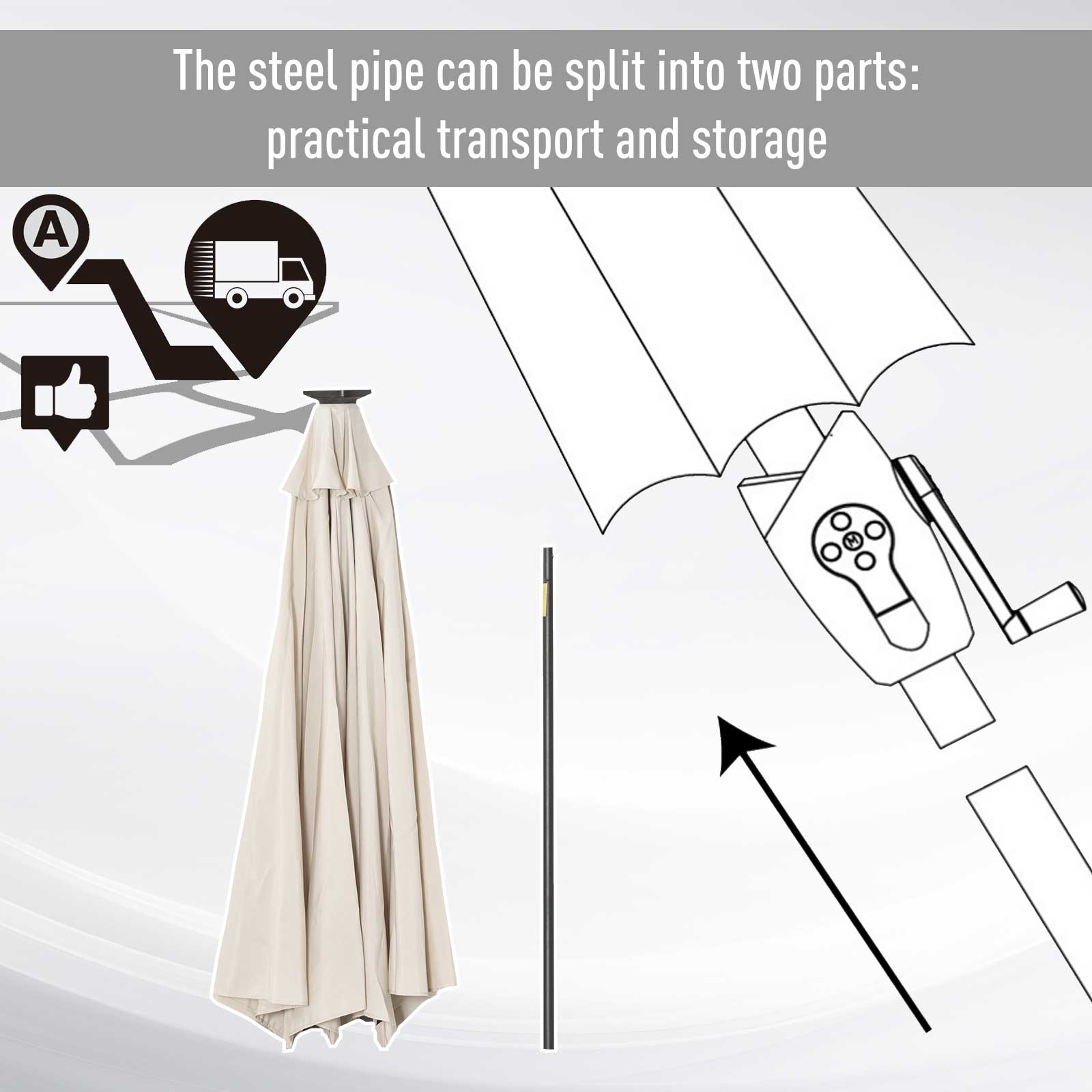 Outsunny Φ2.7m Garden 24 LED Light Parasol Solar Outdoor Tilt Sun Umbrella Patio Club Party Event Manual Sun Shade w/ Hand Crank and 8 Ribs, Off-white
