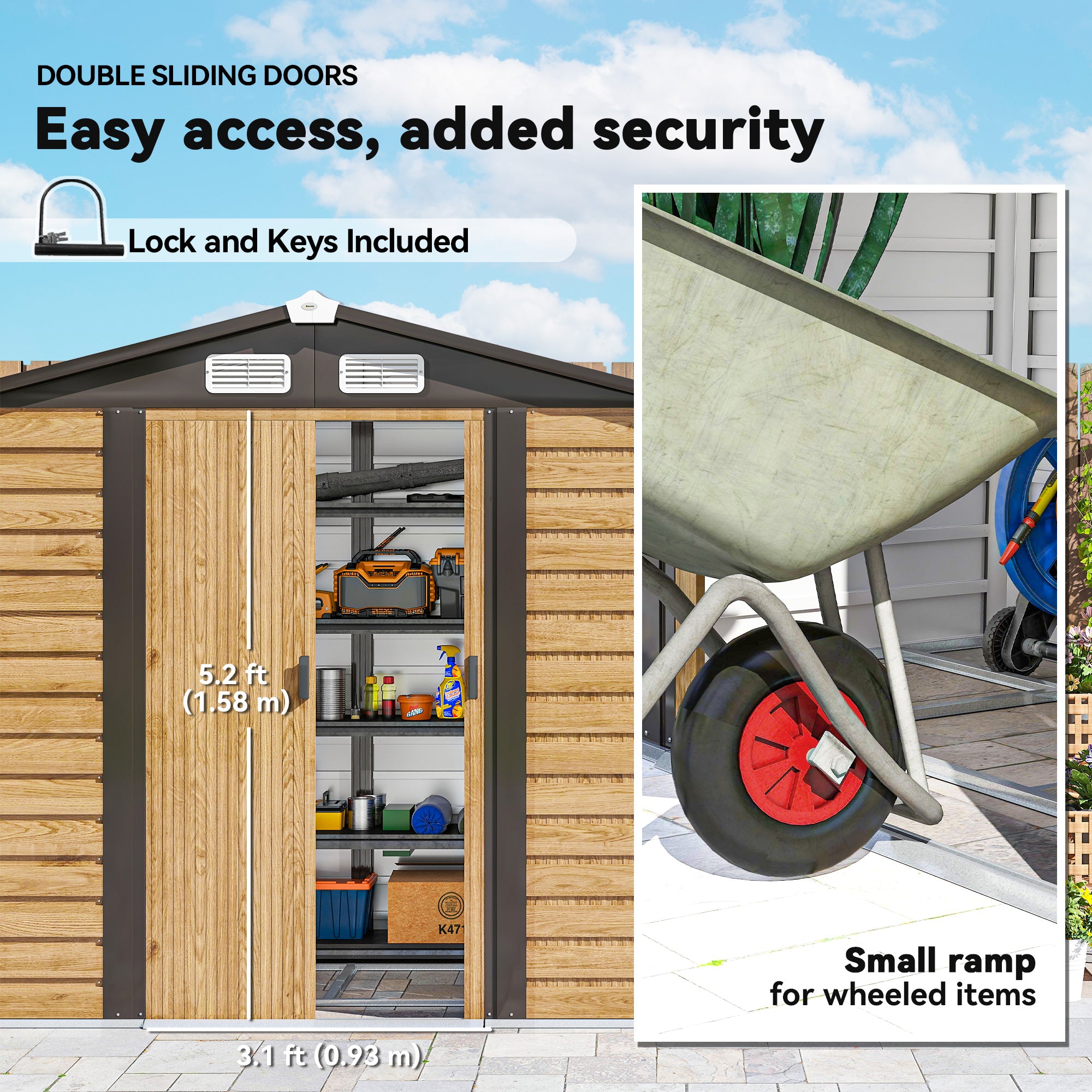 Outsunny 7 x 4ft Garden Shed, Easy to Assemble, Upgraded Galvanised Steel Frame with Foundation Kit, Double Doors with Lock, Outdoor Metal Shed with Vents and Gloves, Garden Storage Shed, Natural