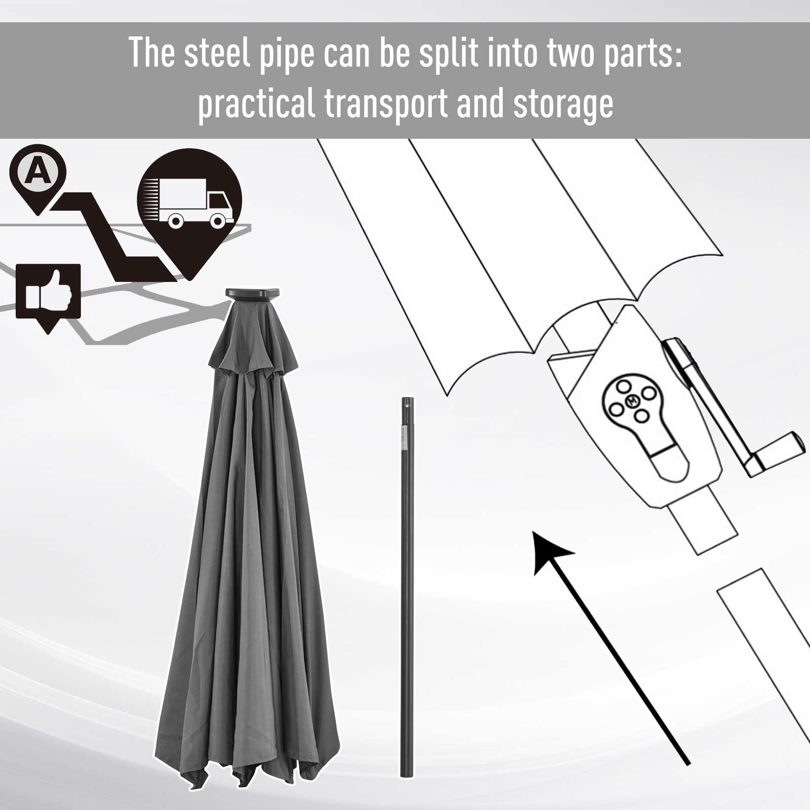 Outsunny Φ2.7m Garden 24 LED Light Parasol Solar Outdoor Tilt Sun Umbrella Patio Club Party Event Manual Sun Shade w/ Hand Crank and 8 Ribs, Grey