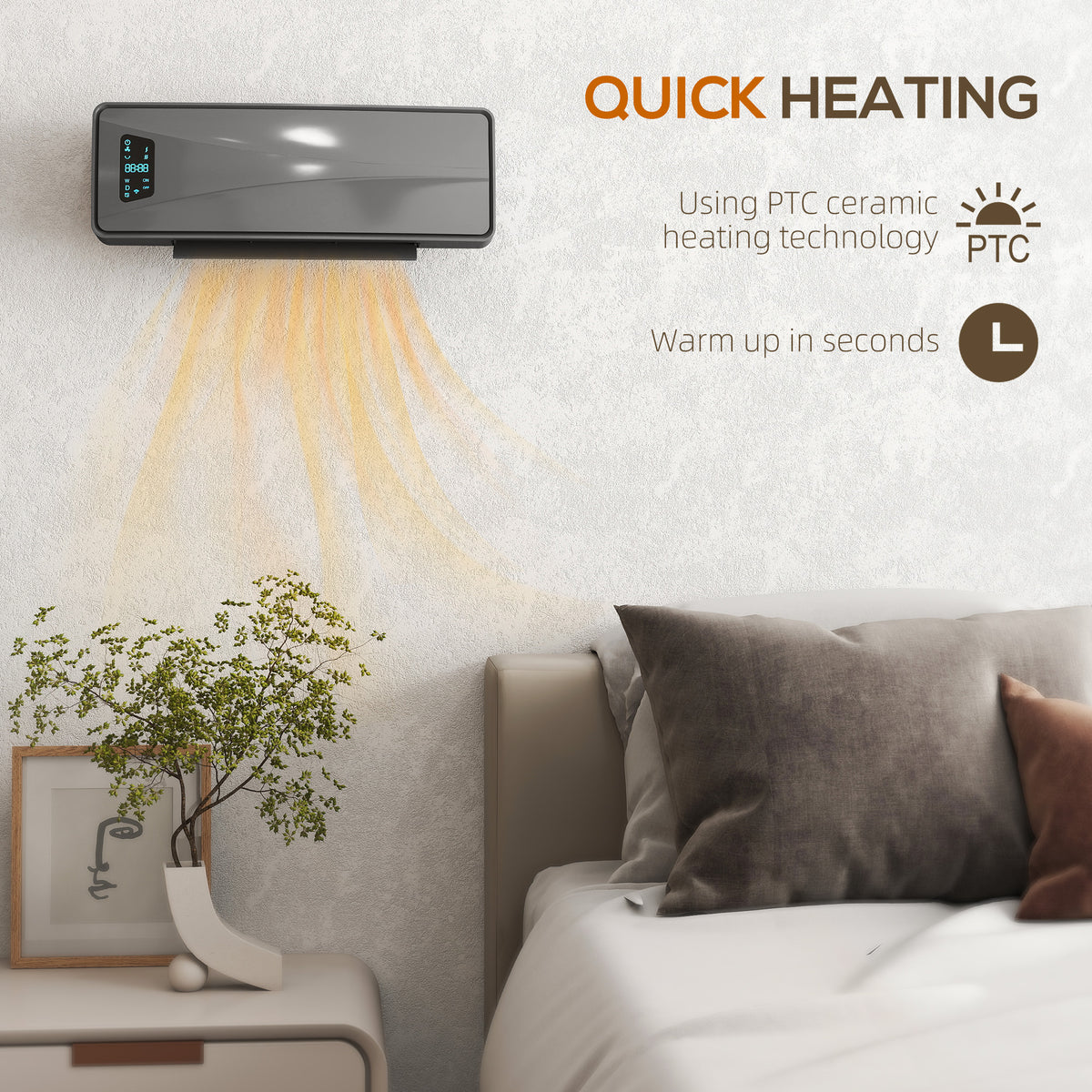 HOMCOM 2000W PTC Ceramic Fan Heater, Wall Mounted, 30° Oscillation, 54L x 18.7W x 14.5H cm - Grey