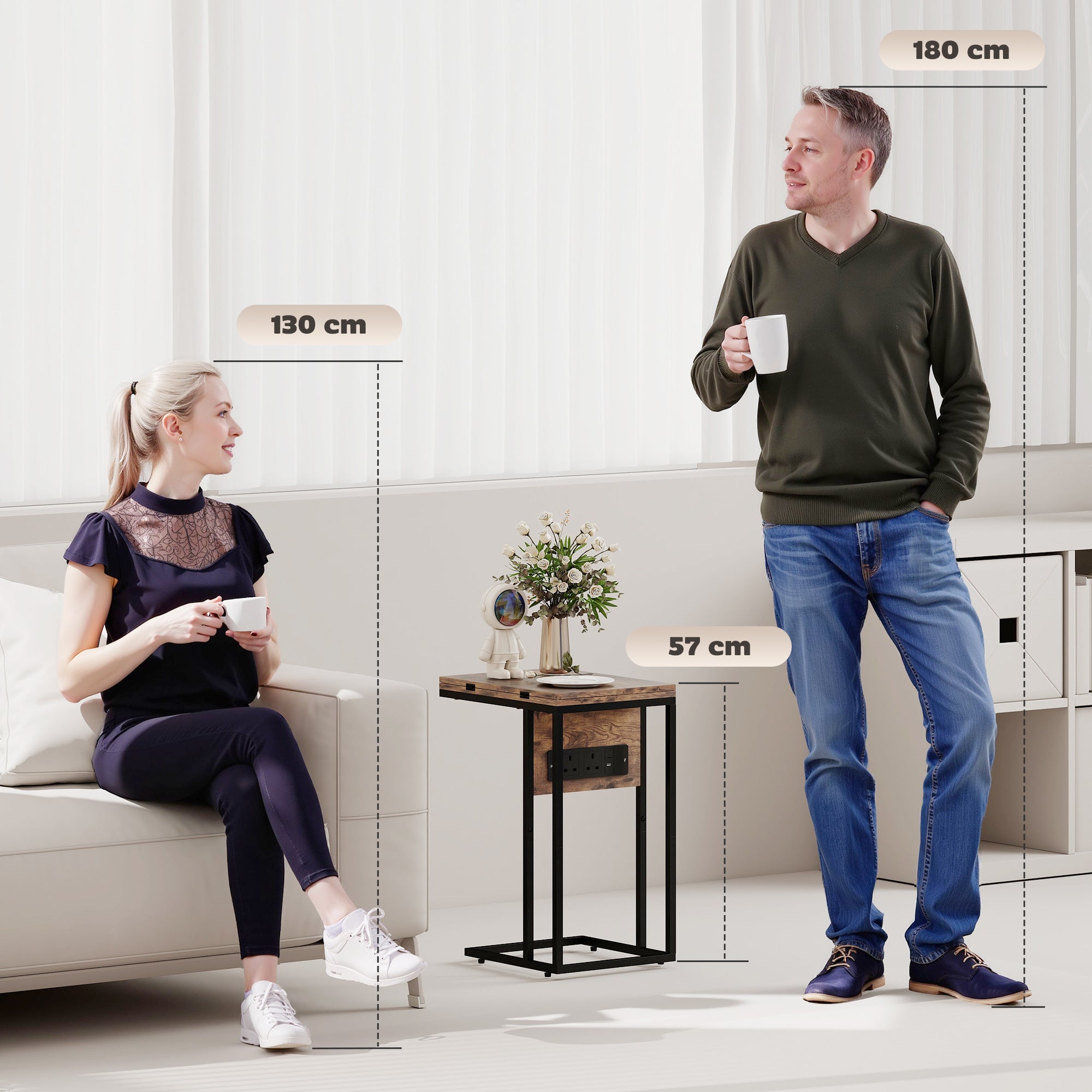 HOMCOM C Shaped Side Table with Charging Station and Foldable Top - Rustic Brown