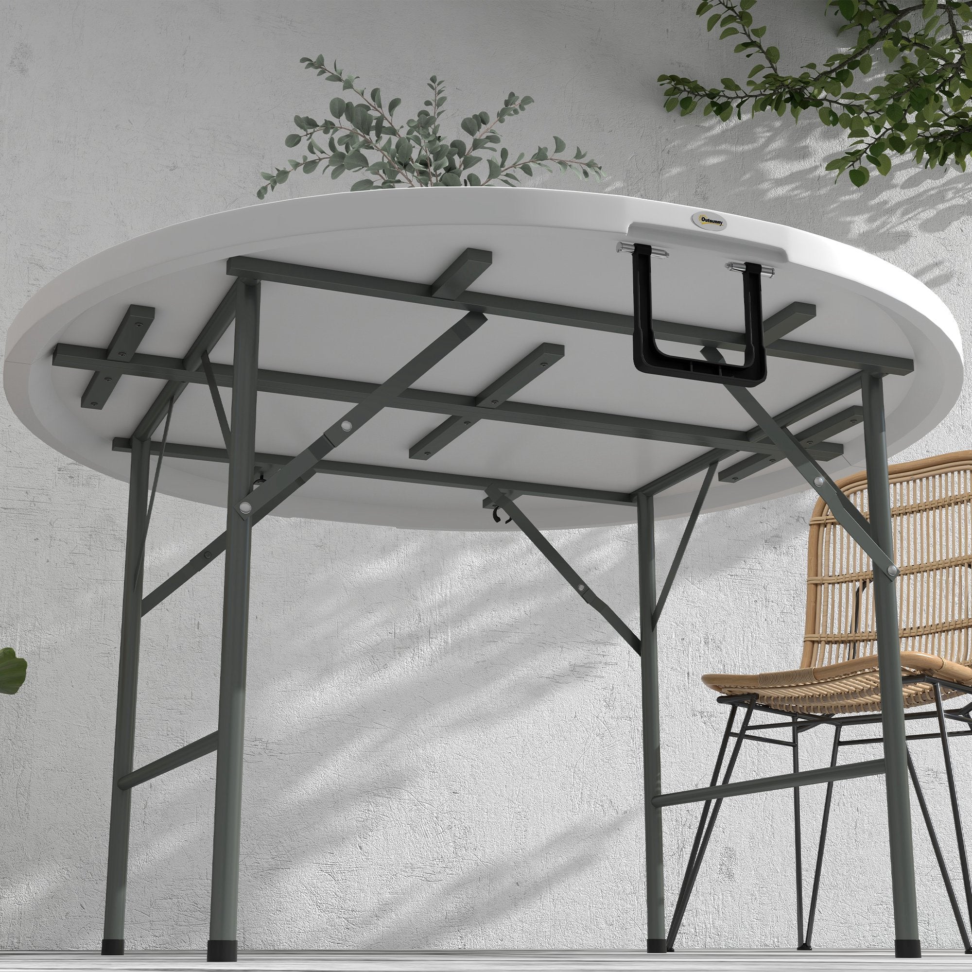 Outsunny \'ce\'a6122 Folding Garden Table, Outdoor HDPE Round Picnic Table for 6, Patio Table with Metal Frame, White