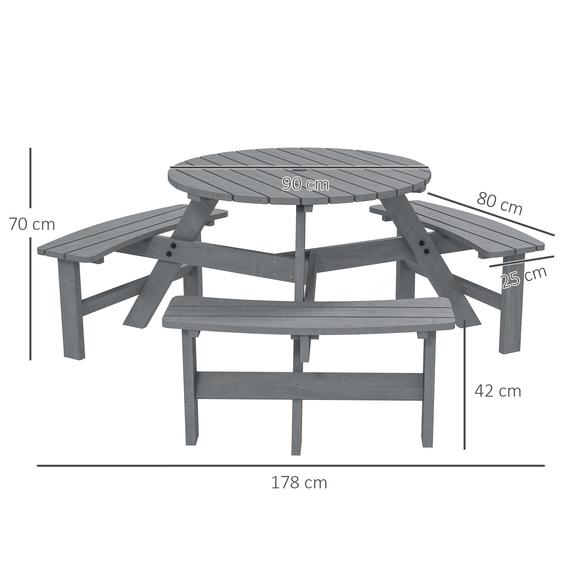 Outsunny 6 Seater Wooden Picnic Table and Garden Benches Set, Round Garden Dining Set with 3 Benches and Umbrella Hole Outdoor Garden Park, Grey