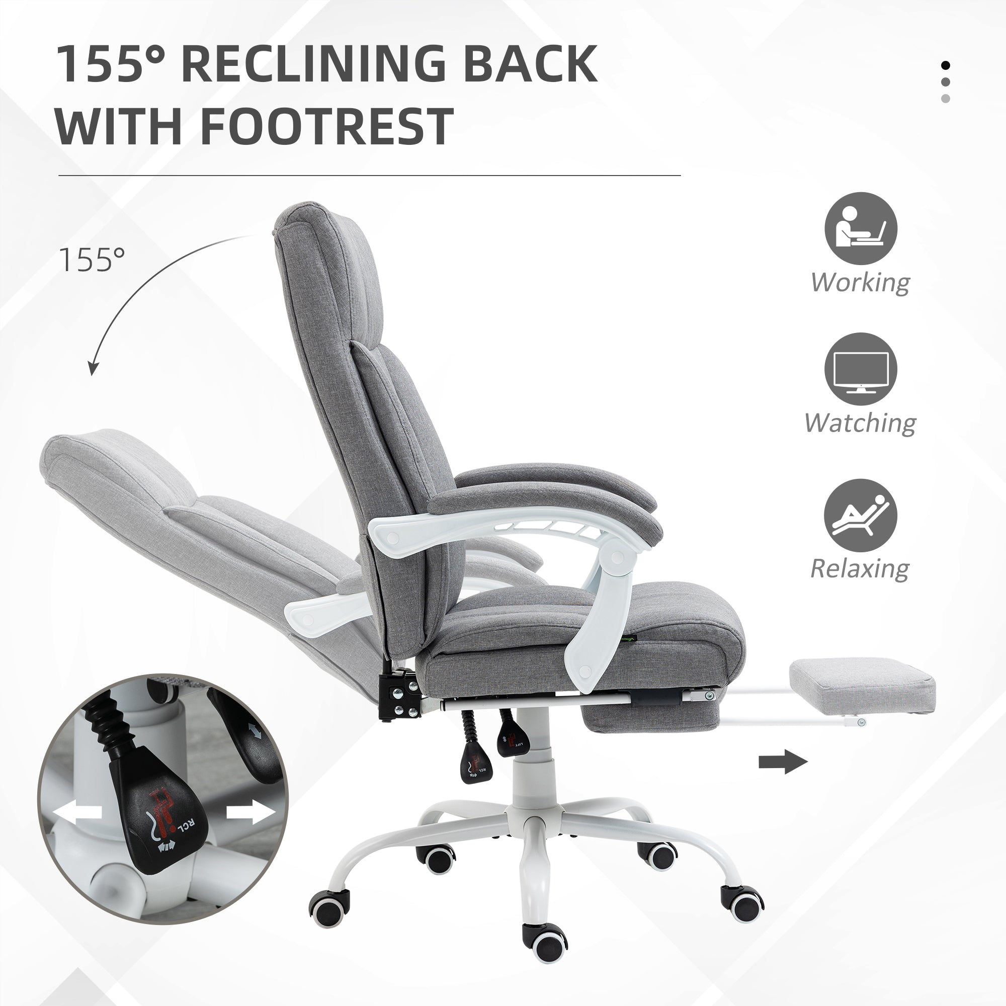 Vinsetto Office Chair, Ergonomic Desk Chair, Fabric Work Study Chair with 155\'c2\'b0 Reclining Back and Footrest, Adjustable Height and Swivel Wheels, Grey