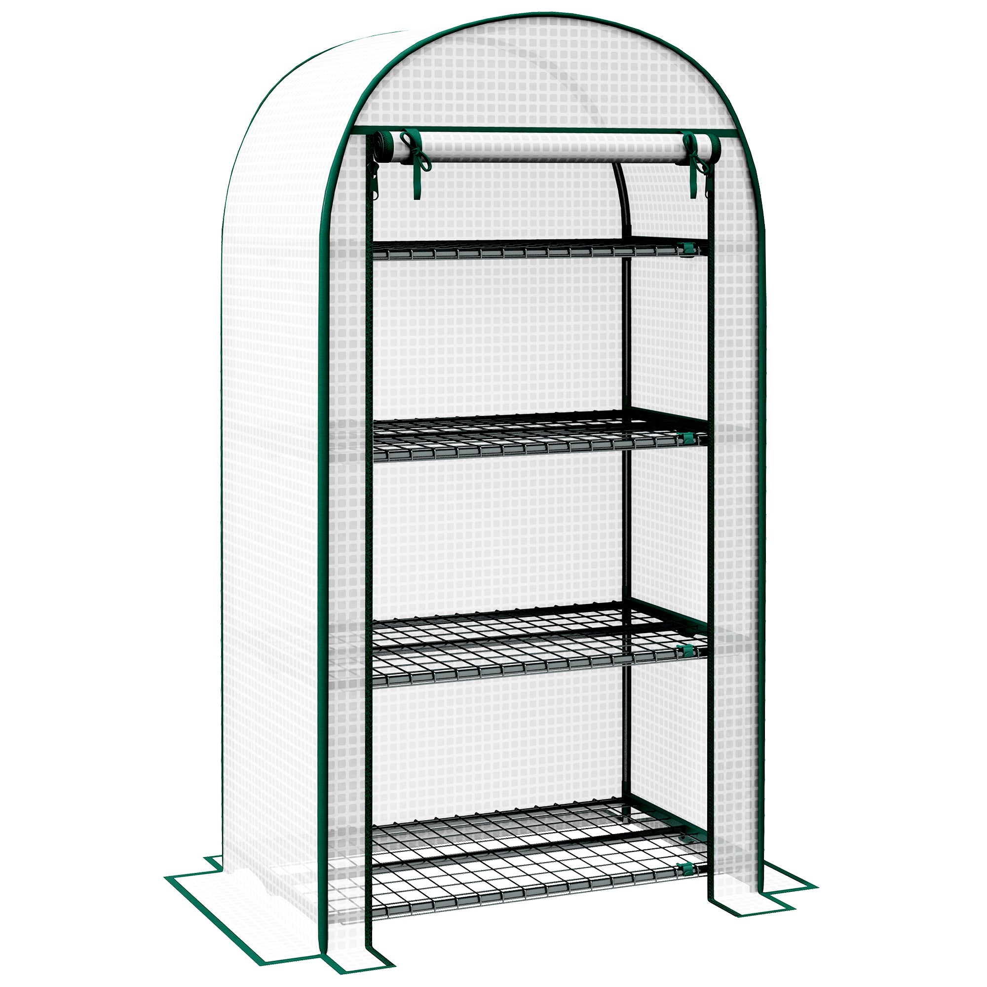 Outsunny 4 Tier Mini Greenhouse for Outdoor, Portable Gardening Plant Green House with Storage Shelf, Roll-Up Zipped Door, Metal Frame and PE Cover, 80 x 49 x 160cm, White