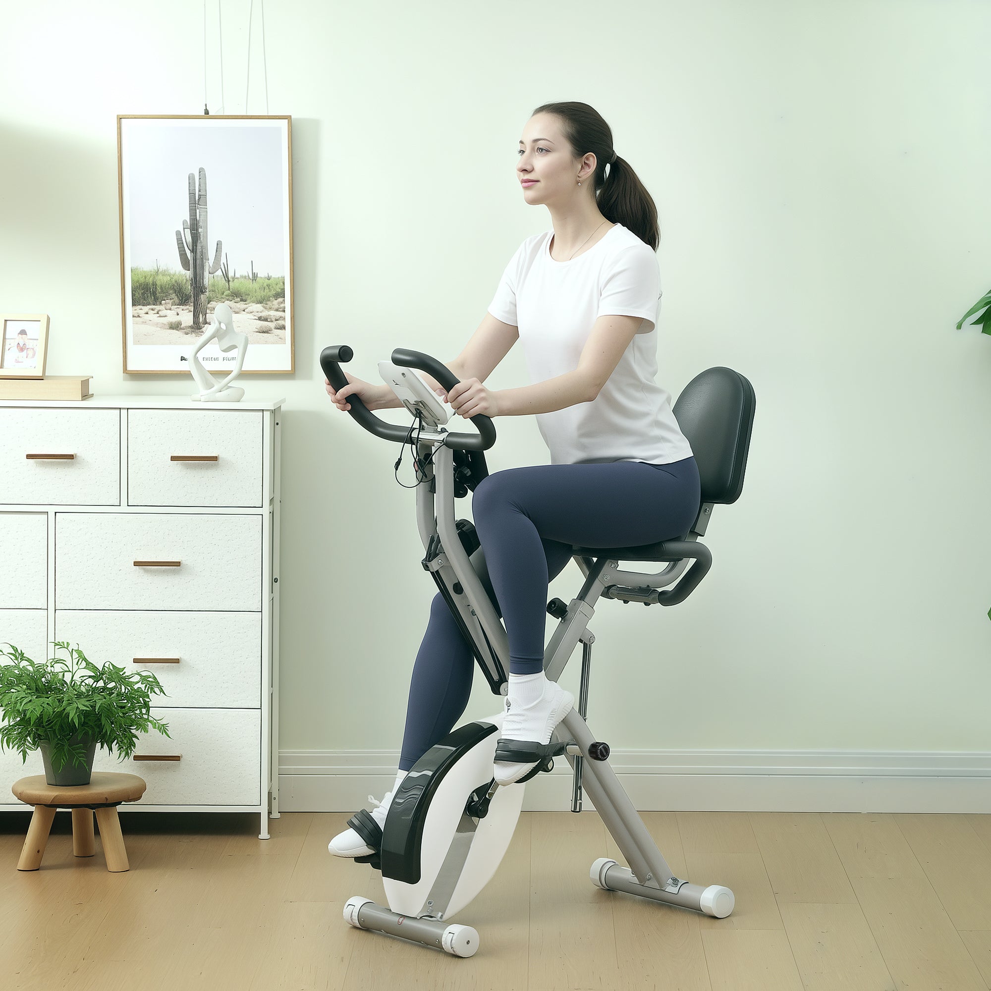 SPORTNOW 5-In-1 Folding Exercise Bike with Arm Workout Bands, Quiet 8-Level Magnetic Resistance Foldable Exercise Bike with LCD, Tablet Holder, Hand Pulse Sensor for Home Use Indoor Cycling, White