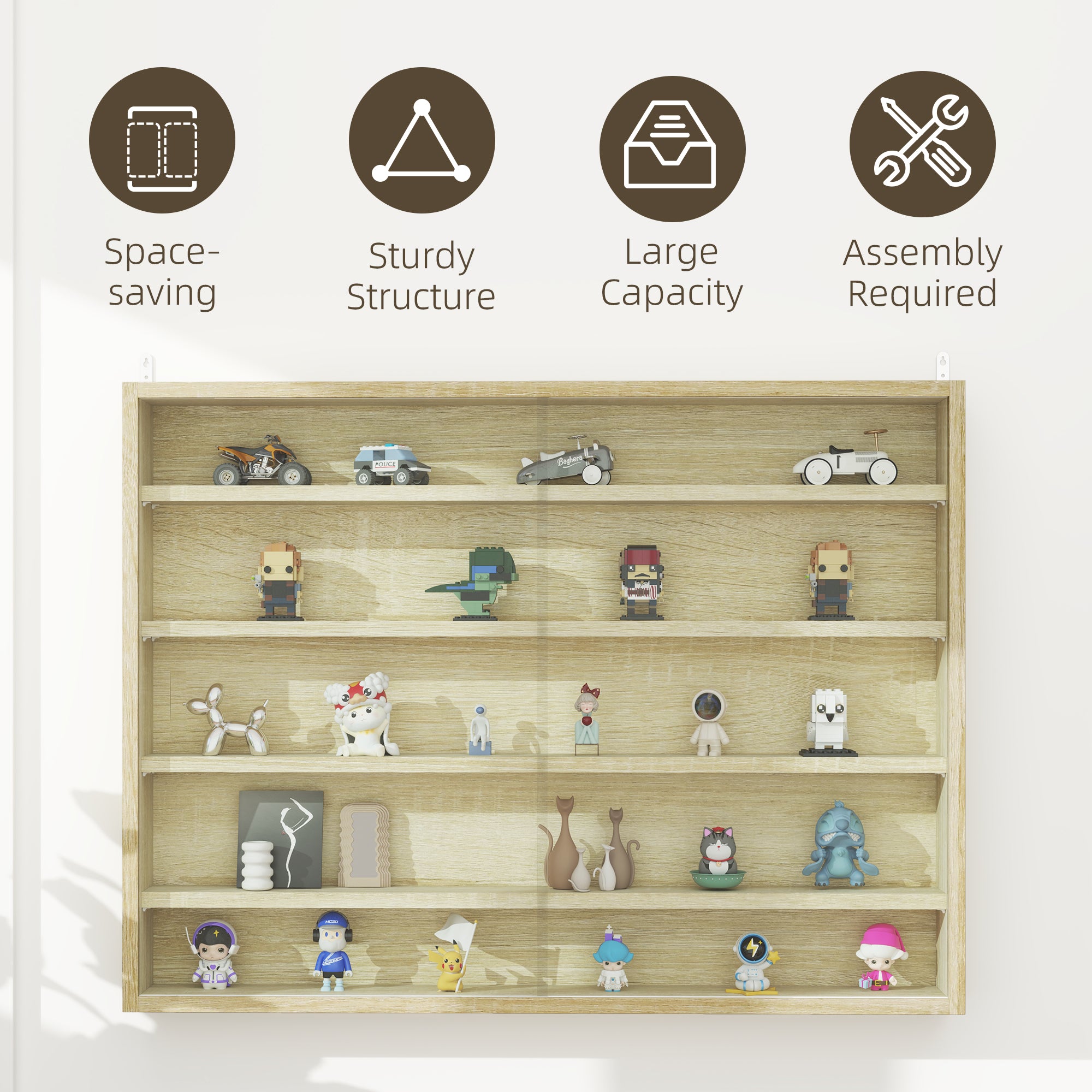 HOMCOM 5-Tier Wall Display Shelf Unit Cabinet w/ 4 Adjustable Shelves Glass Doors Home Office Ornaments 60x80cm Oak