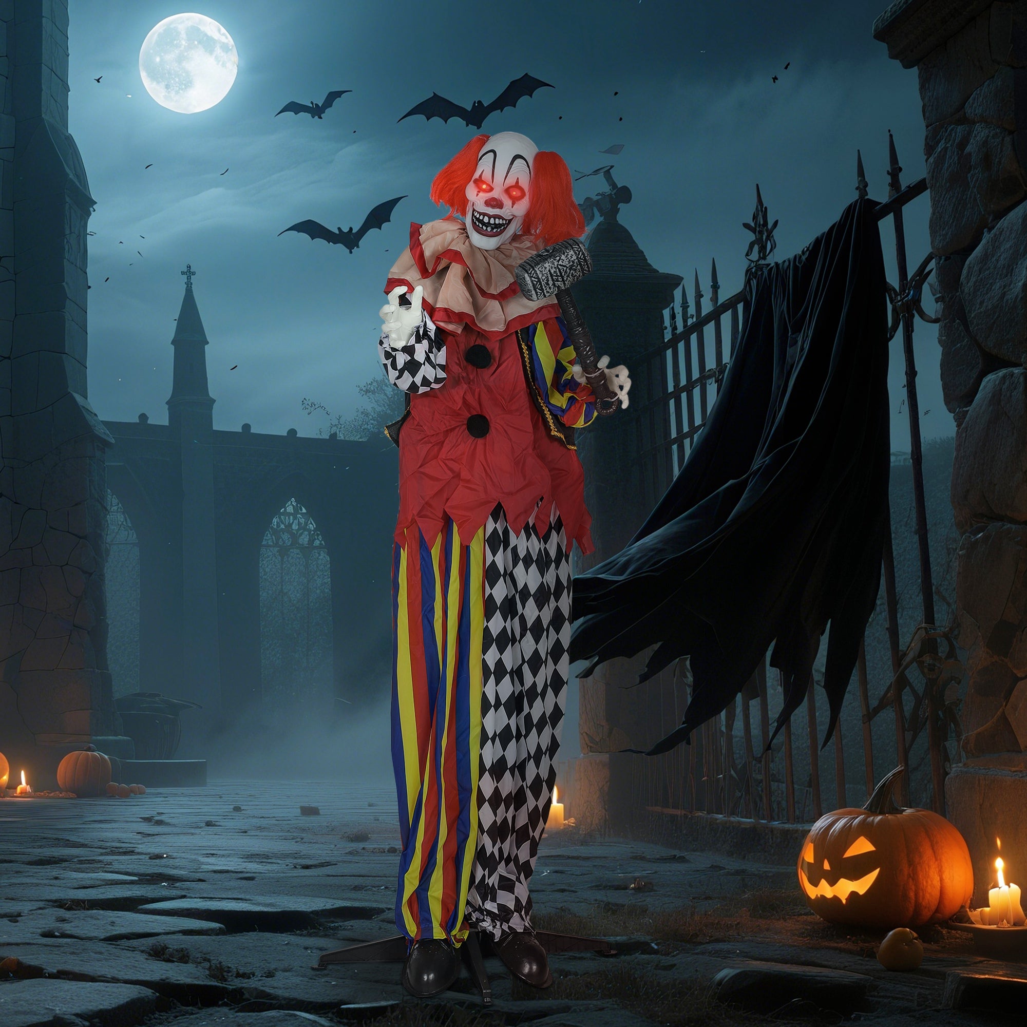 Outsunny 173 cm Life Size Halloween Animated Standing Clown & Hammer with Red Light Up Eyes, Sound Activated Moving Arms & Head, Scary Clown Halloween Decorations, Battery Operated, Indoor Party Props
