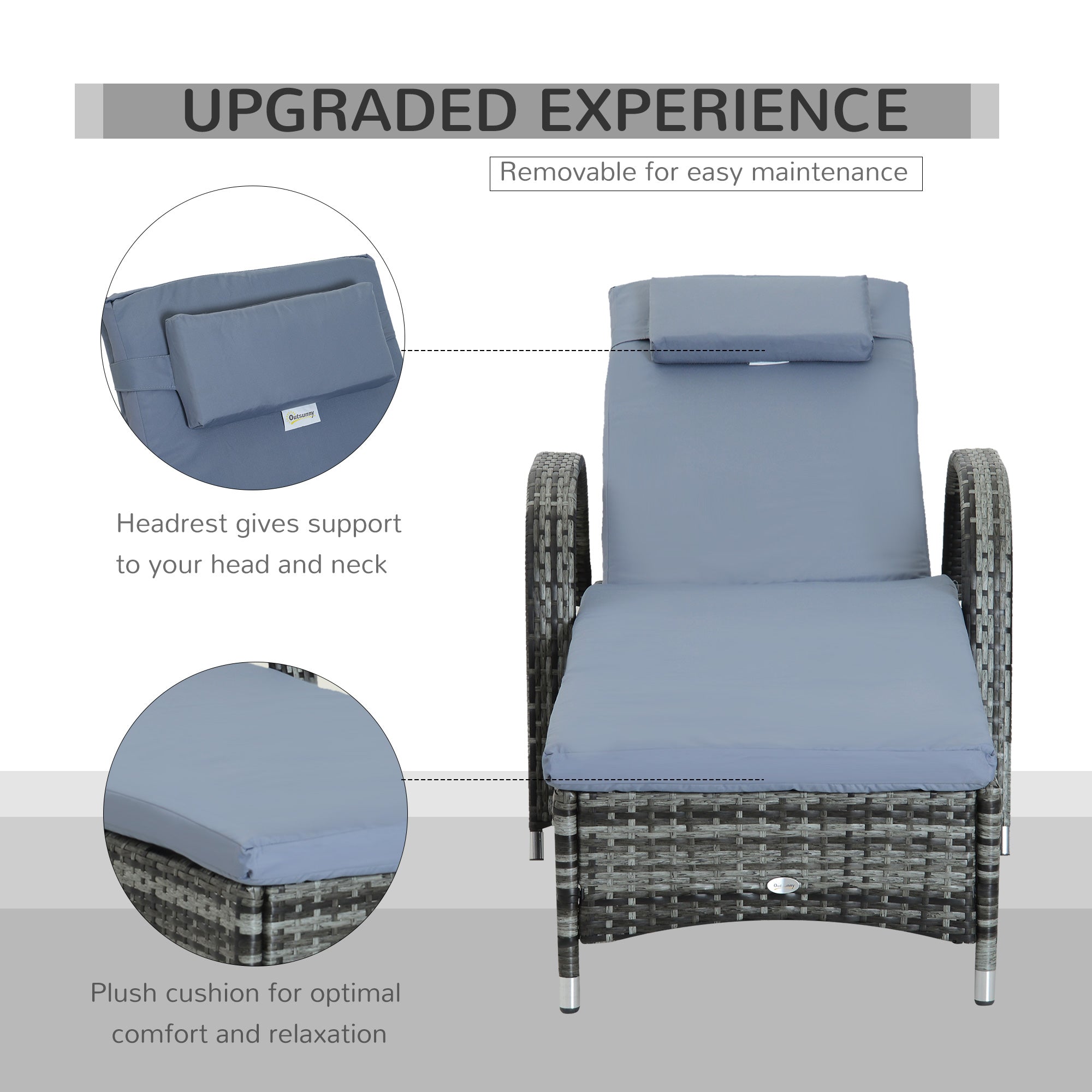 Outsunny 2PC Rattan Sun Lounger Recliner Bed Reclining Chair Patio Garden Outdoor Wicker Weave Adjustable Headrest with Fire Retardant Cushion \'e2\'80\'93 Grey