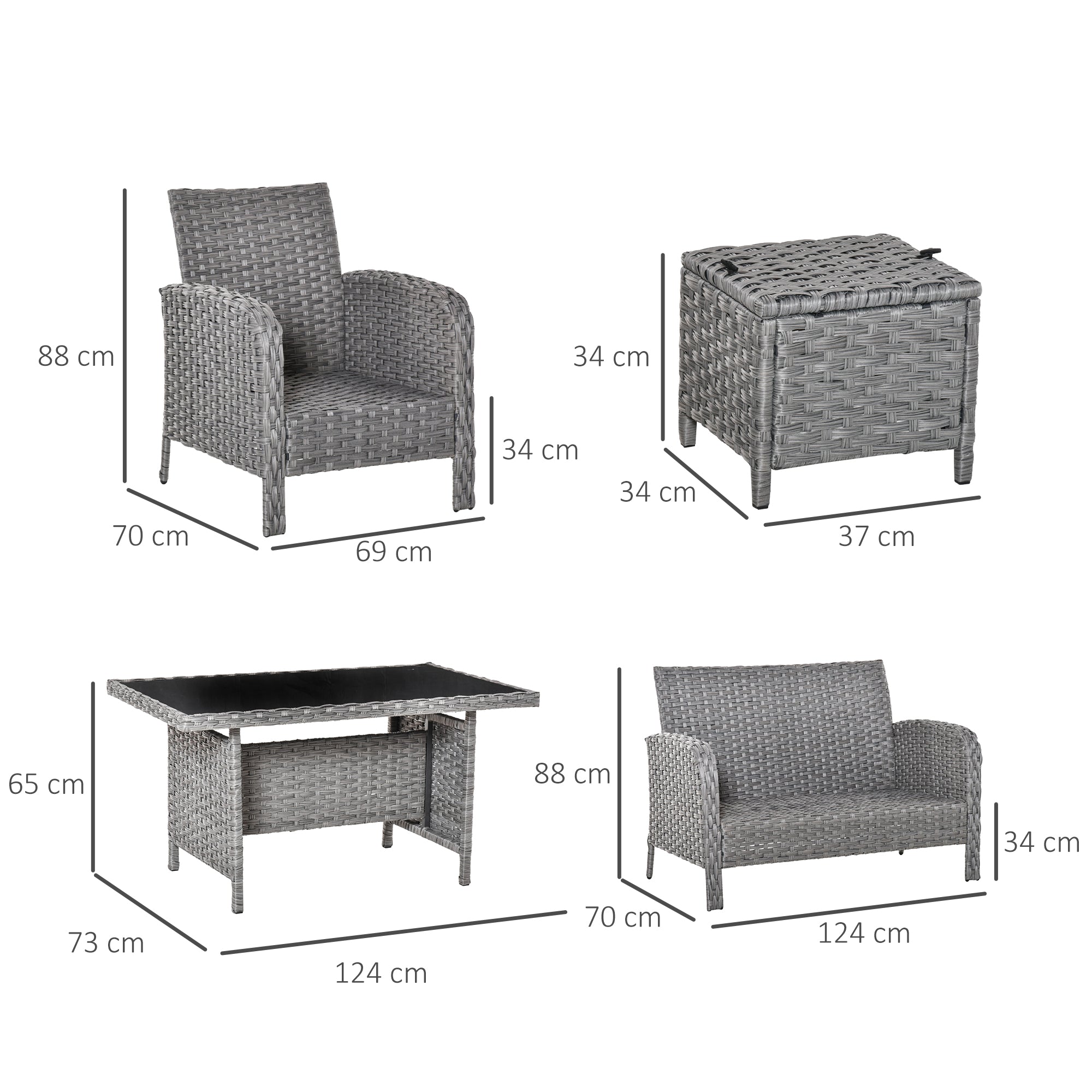 Outsunny 6 Pieces Rattan Garden Furniture Set, 6 Seater Garden Sofa Set with Glass Top Dining Table, Loveseat, 2 Armchairs and Ottomans, Wicker Outdoor Conservatory Furniture for Patio, Grey
