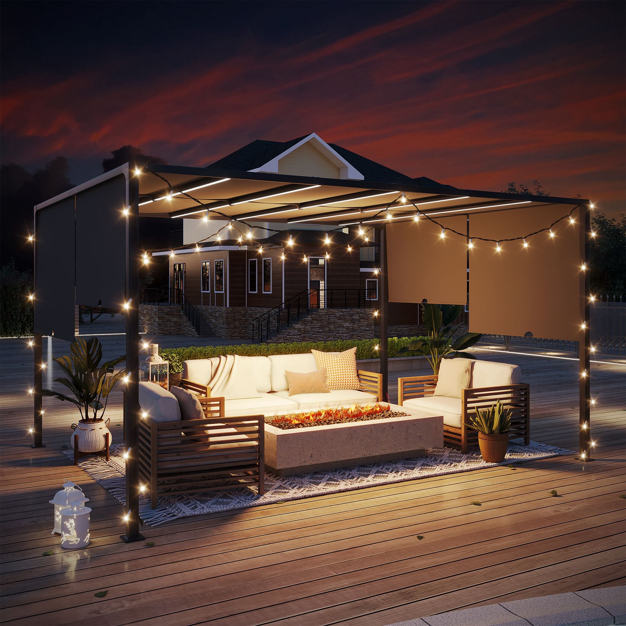 Outsunny 3(m) x 4m Metal Pergola with LED Lights, Outdoor Garden Pergola with Sliding Roof, Solar Powered, for BBQ,\'c2\'a0Lawn, Dark Grey