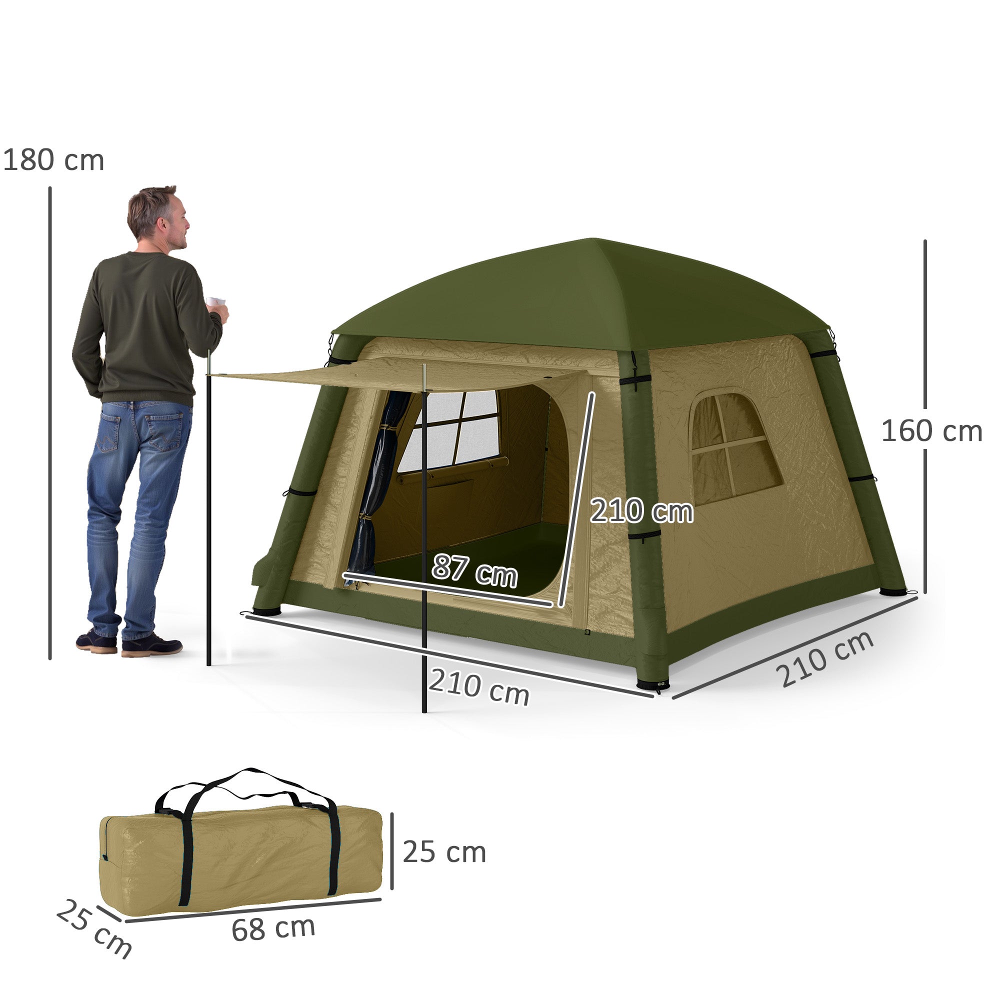 Outsunny Inflatable Camping Tent w/ Hand Pump, Easy Setup 1/2 Person Blow Up Tent Waterproof 190T Taffeta w/ Mesh Windows, Doors and Carry Bag, Brown