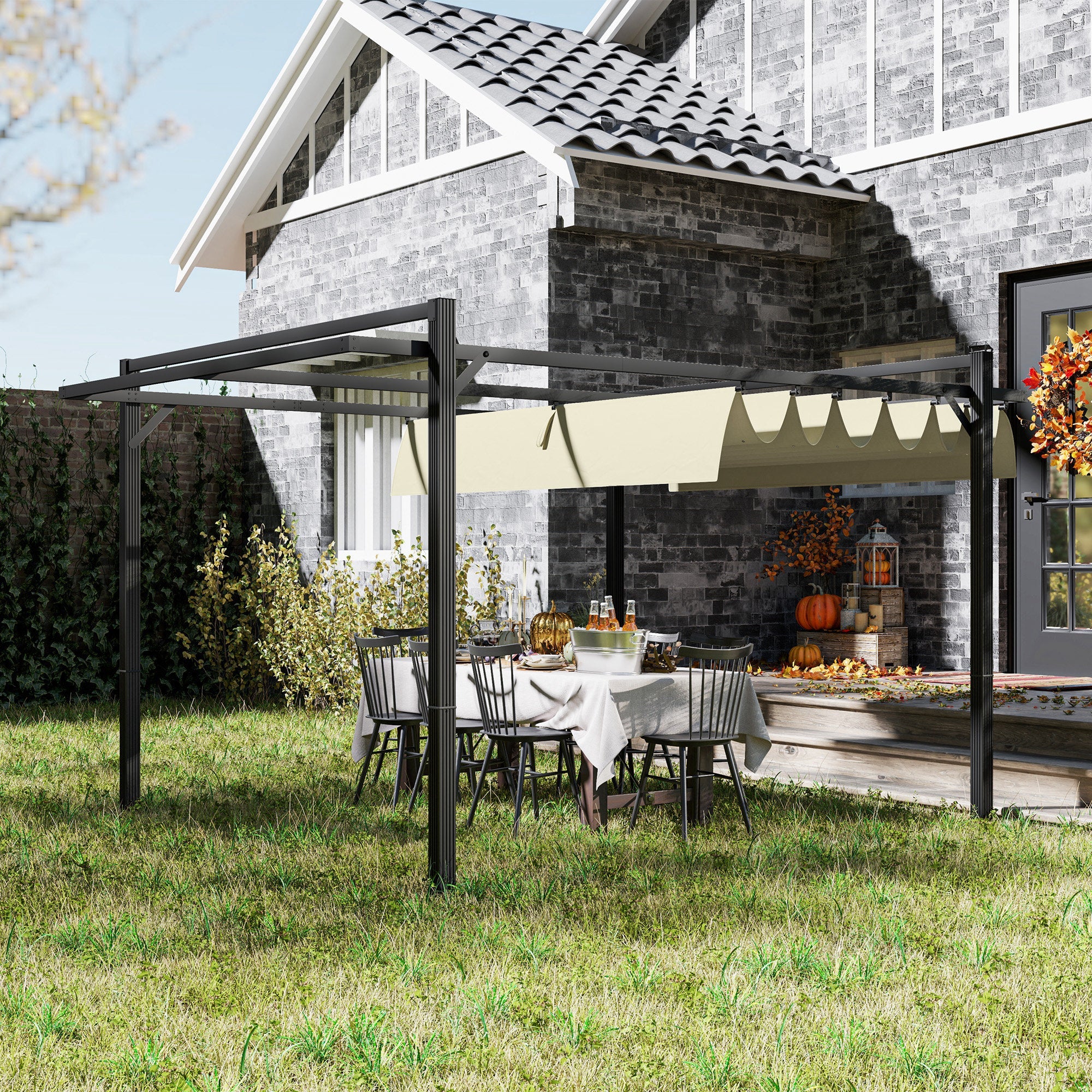 Outsunny 3 x 4m Aluminium Pergola, with Retractable Roof - Grey/Khaki