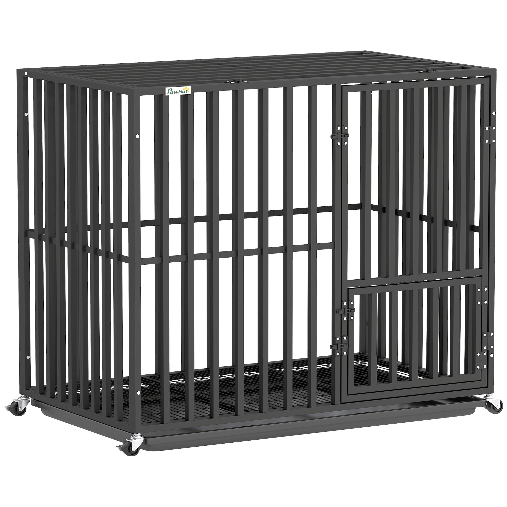 PawHut Heavy Duty Dog Crate, Dog Cage with Wheels for Small Medium Breeds, Metal Pet Kennel with Removable Tray