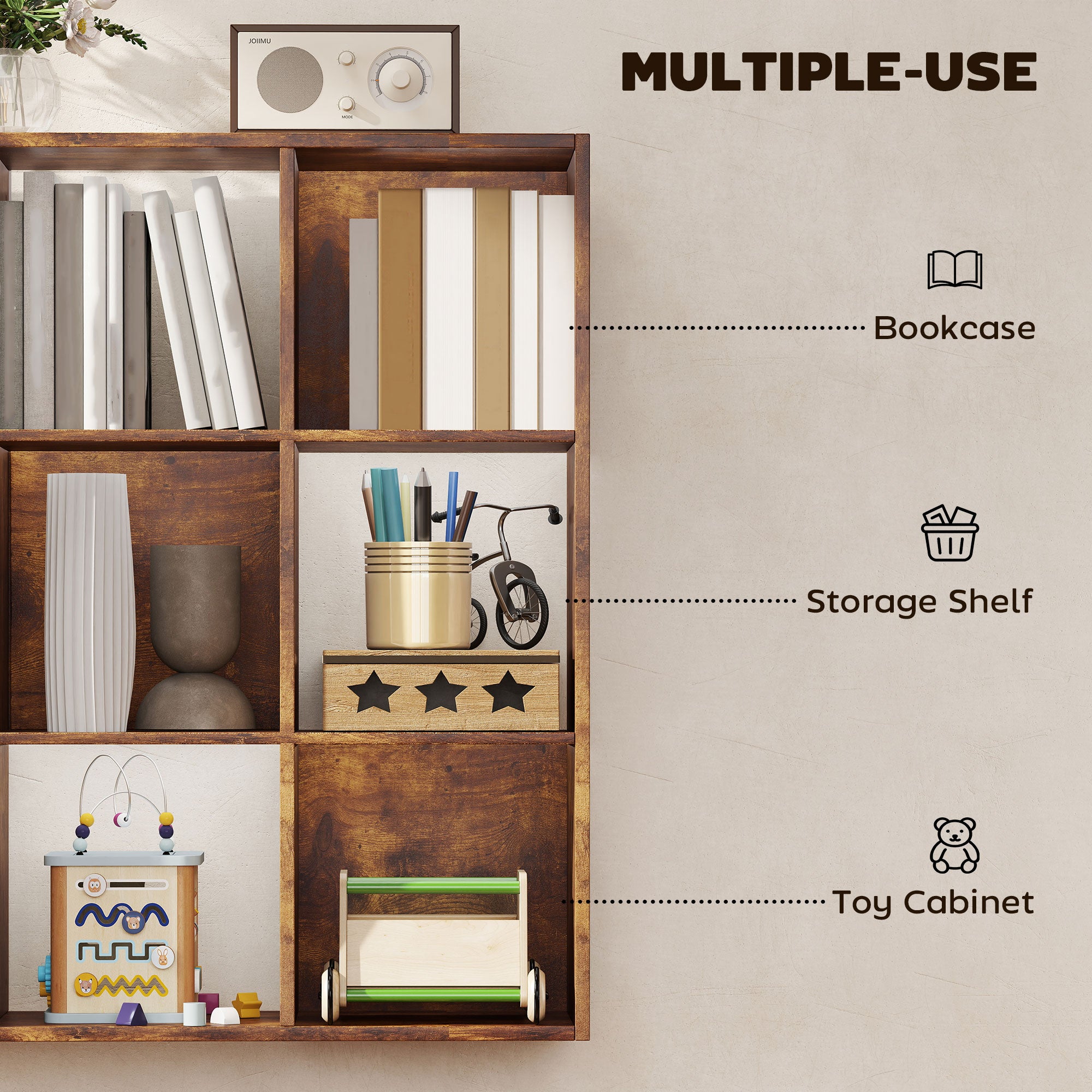 HOMCOM 3-tier 9 Cubes Storage Unit Particle Board Cupboard Bookcase Organiser Home Office Shelves, Rustic Brown