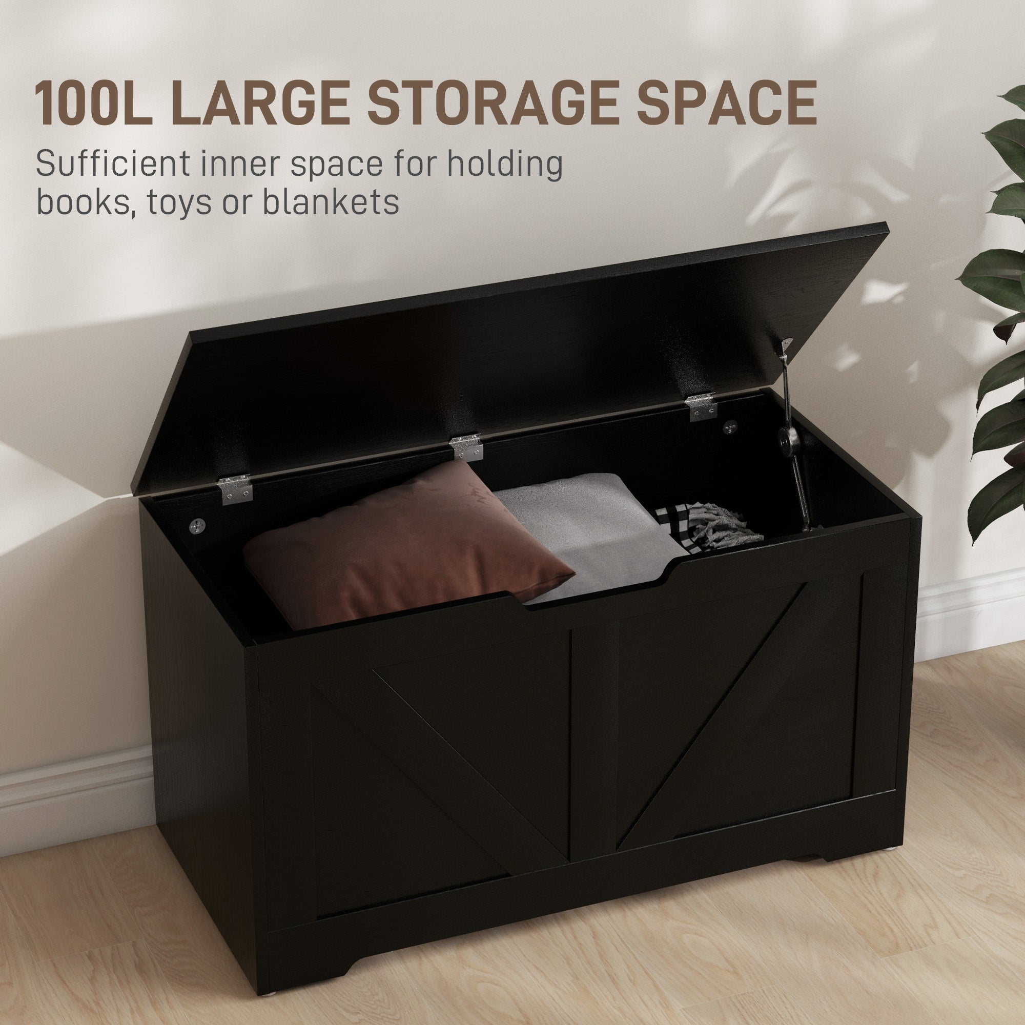 HOMCOM 100L Home Storage Box, with Safety Hinges - Black Wood-Effect
