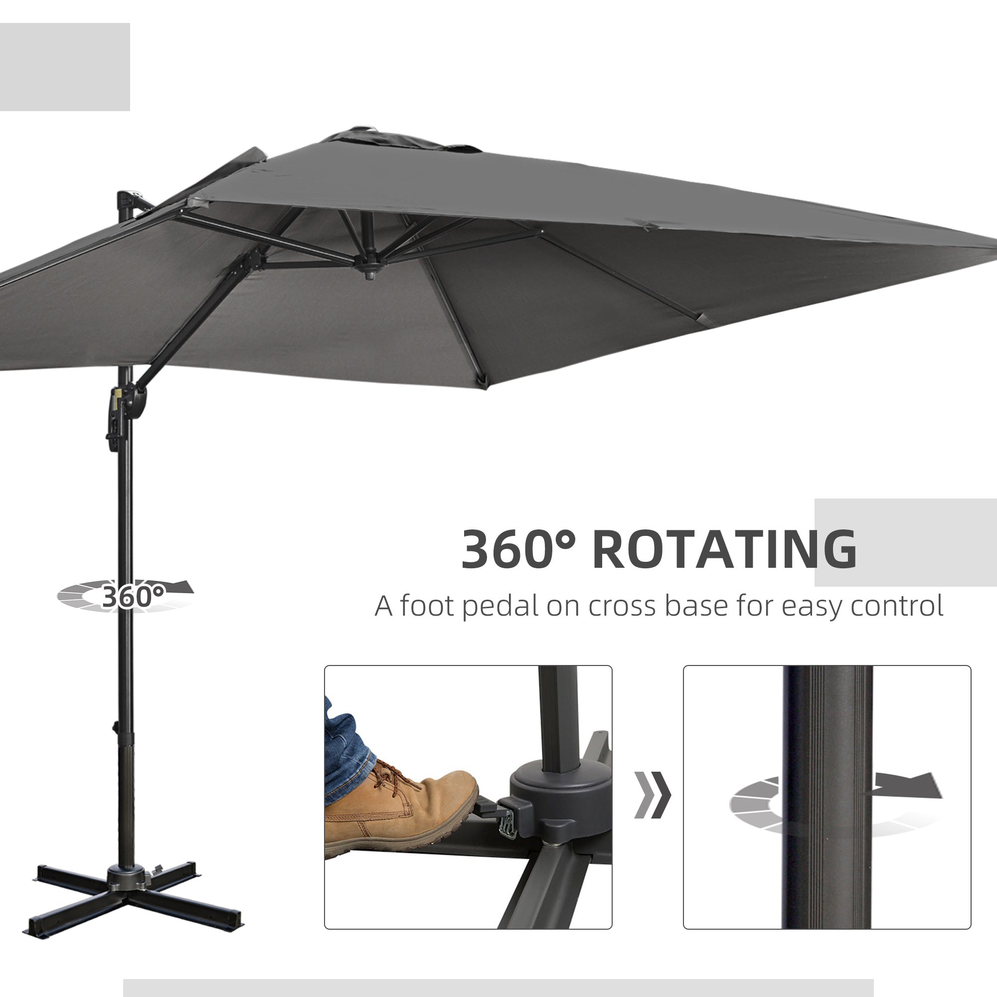 Outsunny 2.7 x 2.7 m Cantilever Parasol, Square Overhanging Umbrella with Cross Base, Crank Handle, Tilt, 360\'c2\'b0 Rotation and Aluminium Frame, Dark Grey