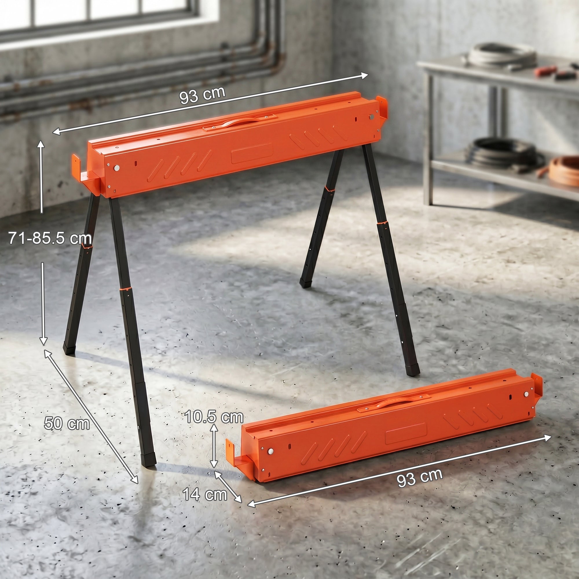 HOMCOM Saw Horses Twin Pack, Folding Work Bench Sawhorses with Height Adjustable Legs, 2x4 Bracket, Orange