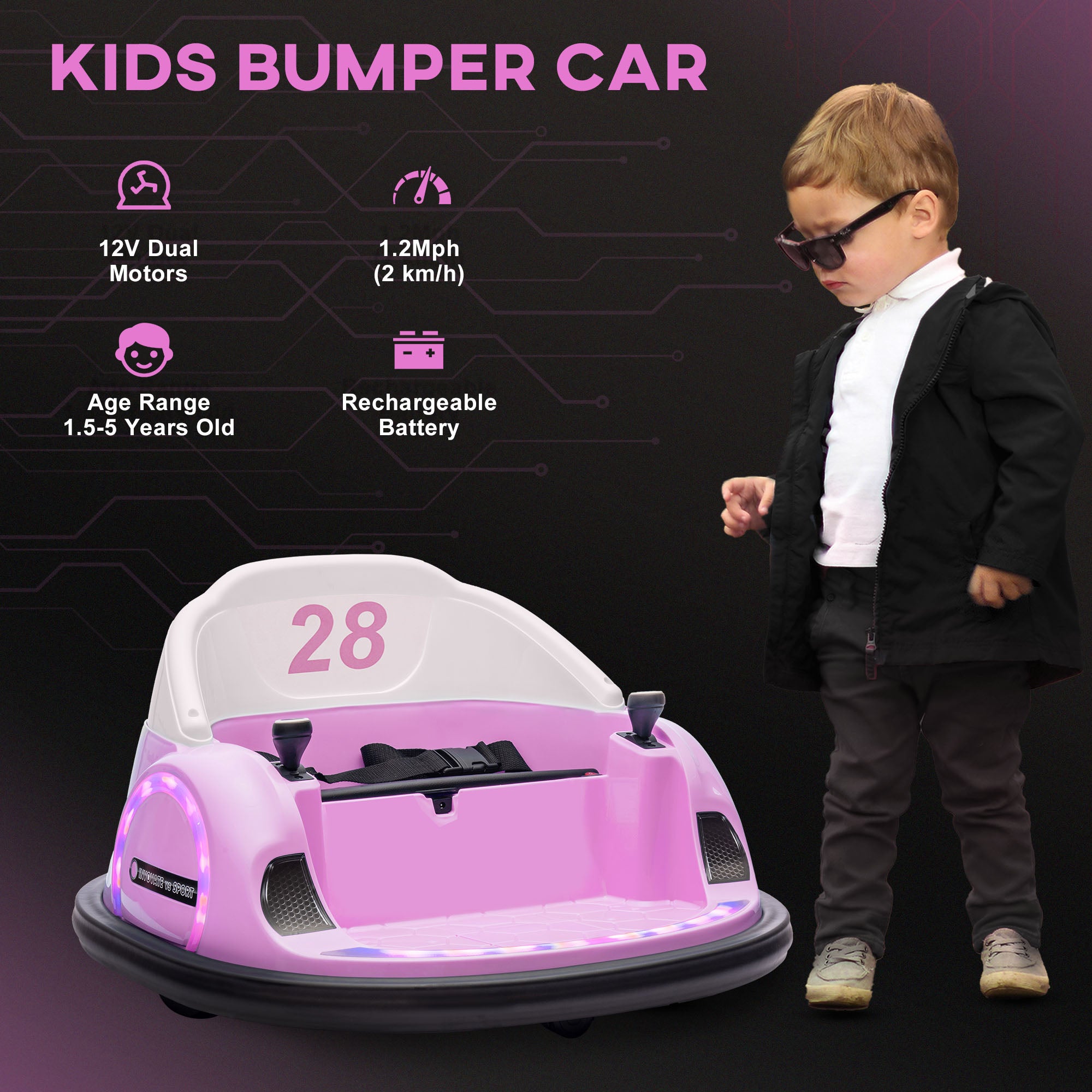 AIYAPLAY 360\'c2\'b0 Rotation Kids Bumper Car, 12V Waltz Car with Remote Control, Dual Joystick, Music, Lights, Pink