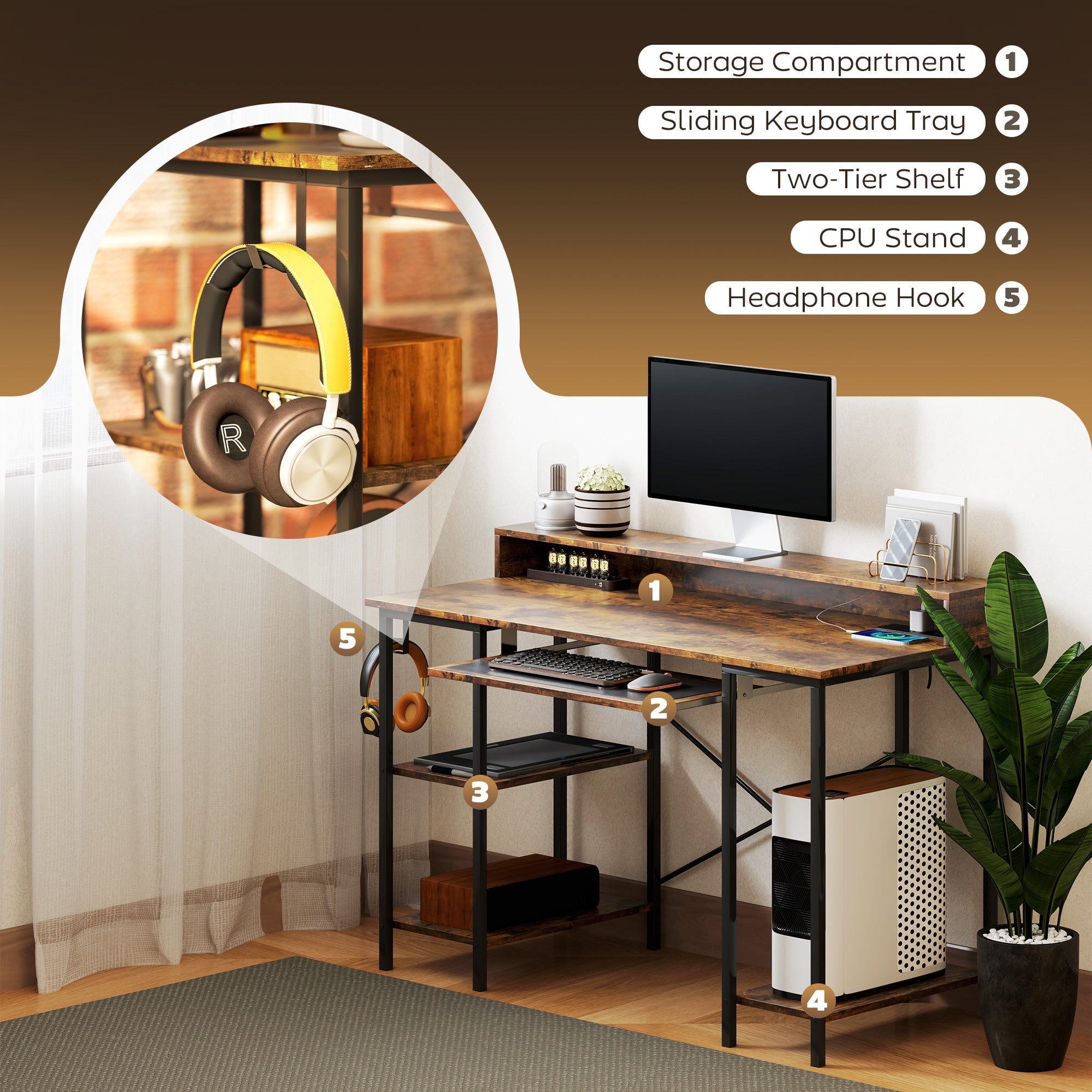 HOMCOM Computer Desk with LED Lights and Power Outlets, 120 x 55 cm Reversible Gaming Desk with Monitor Stand, Sliding Keyboard Tray and Storage Shelves for Home Office, Rustic Brown