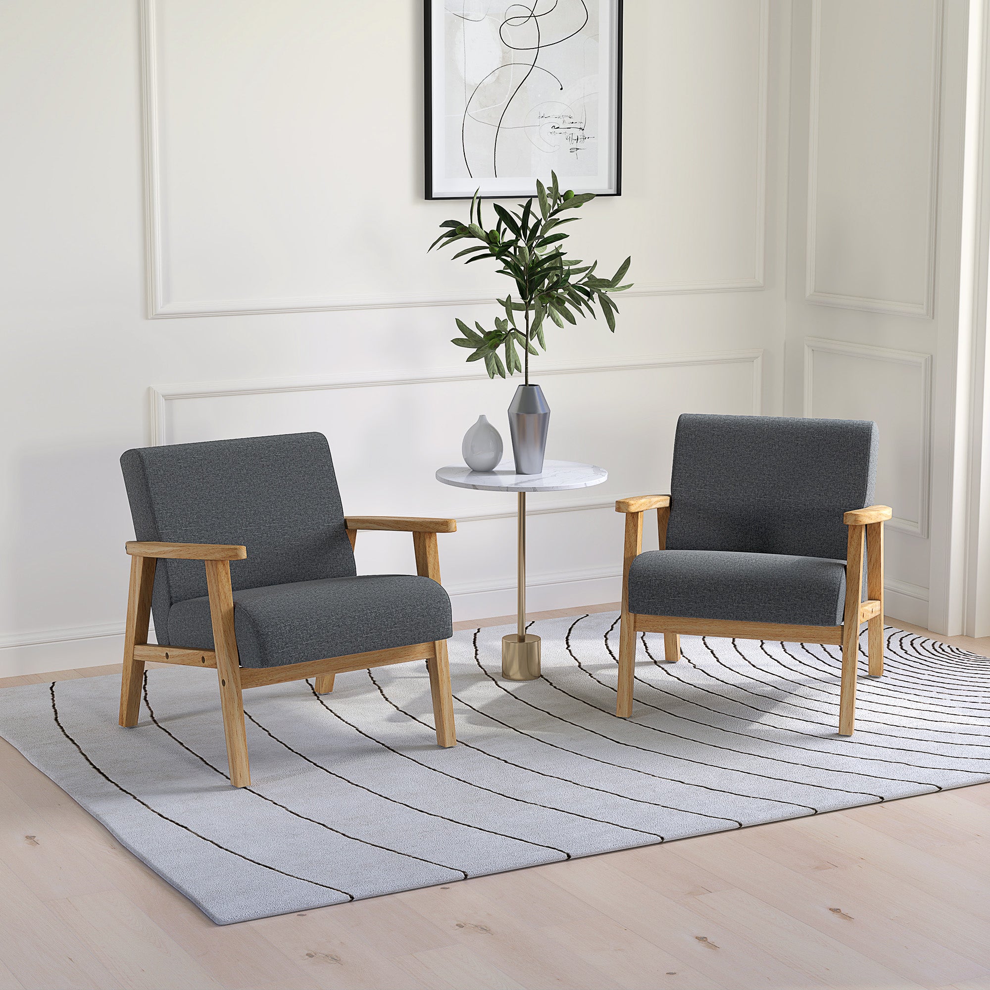 HOMCOM Set of 2 Accent Armchair, Living Room Chair, Wooden Upholstered Single Lounge Chair with Rubber Wood Legs and Padded Seat, Leisure Sofa Chair for Bedroom Office, Dark Grey