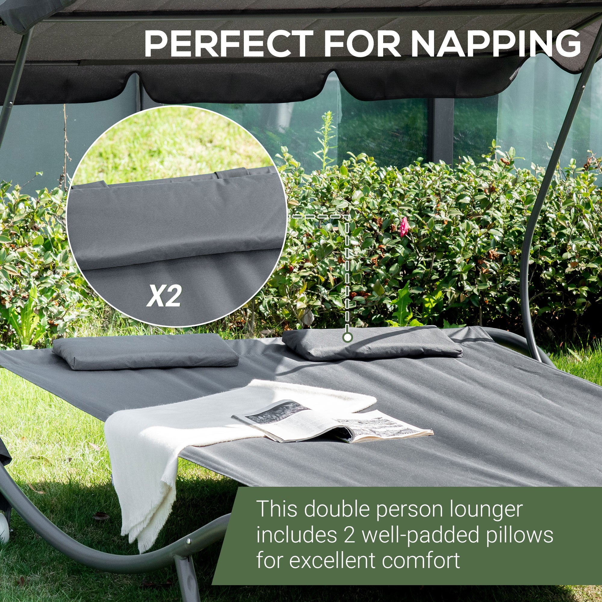 Outsunny Double Hammock Sun Lounger Bed with Canopy Shelter, Wheels & 2 Pillows, Grey