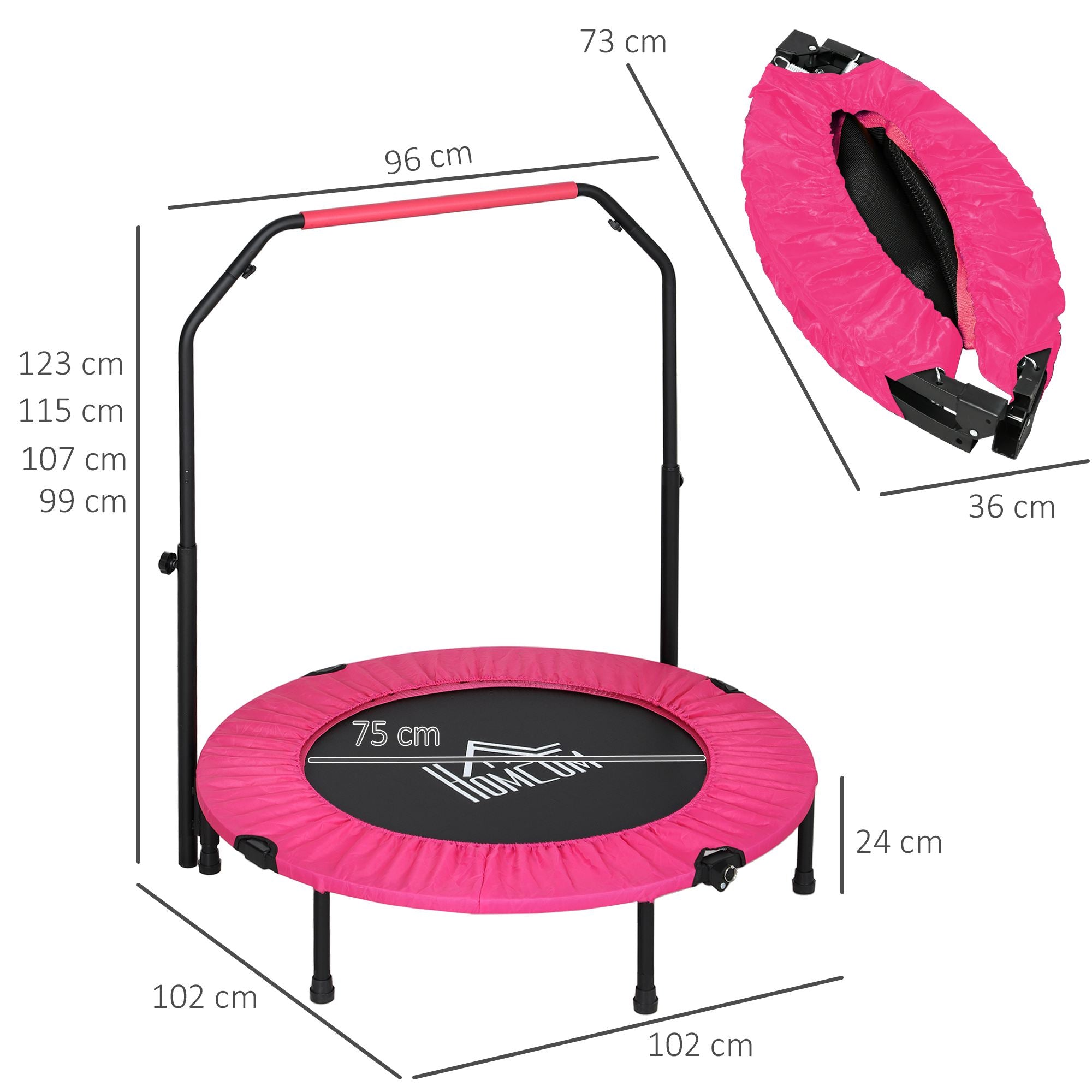 HOMCOM 40" Foldable Mini Fitness Trampoline, with Adjustable Foam Handle, Pink