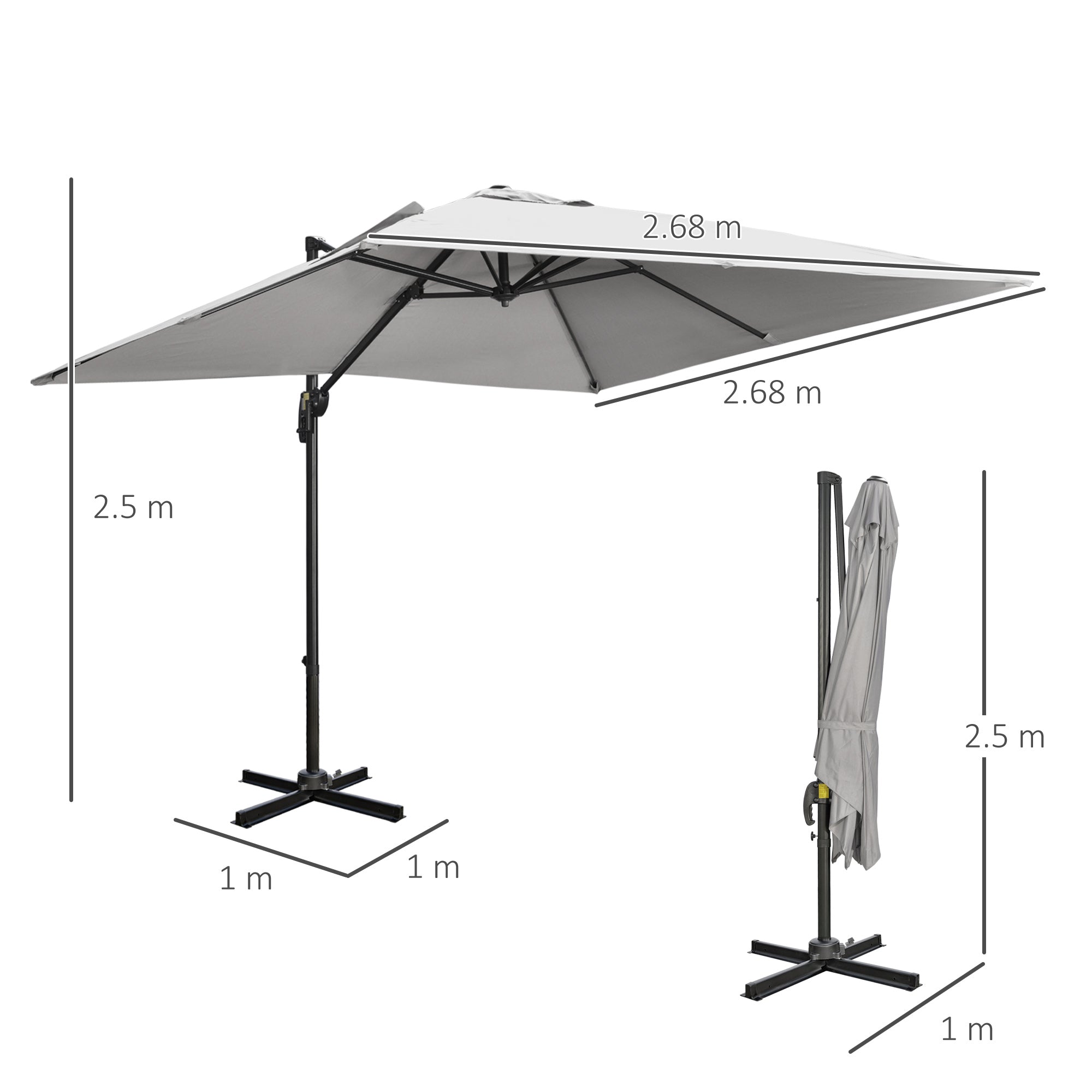 Outsunny 2.7 x 2.7 m Cantilever Parasol, Square Overhanging Umbrella with Cross Base, Crank Handle, Tilt, 360\'c2\'b0 Rotation and Aluminium Frame, Grey