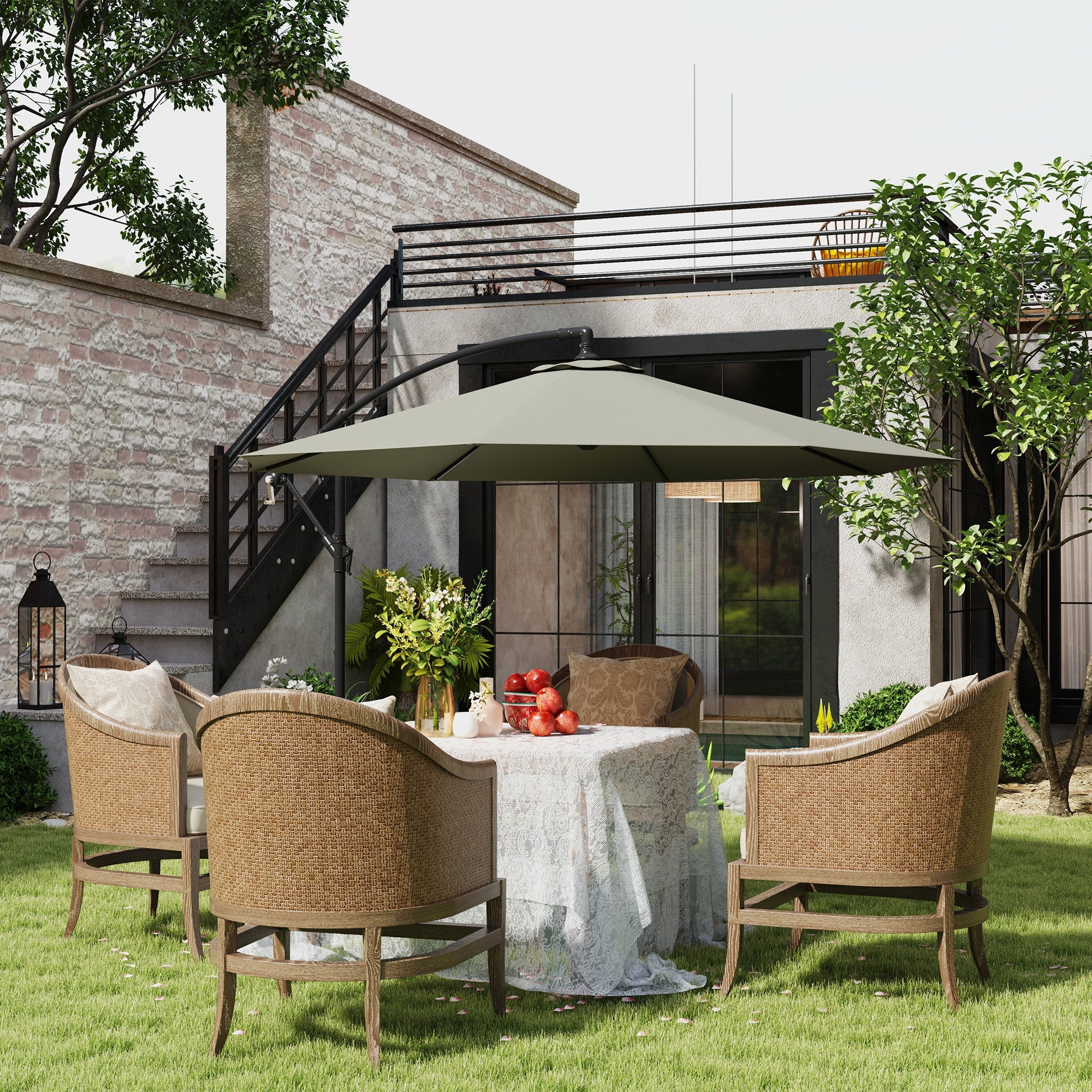 Outsunny 3m Overhanging Cantilever Parasol, with Cross Base - Light Grey