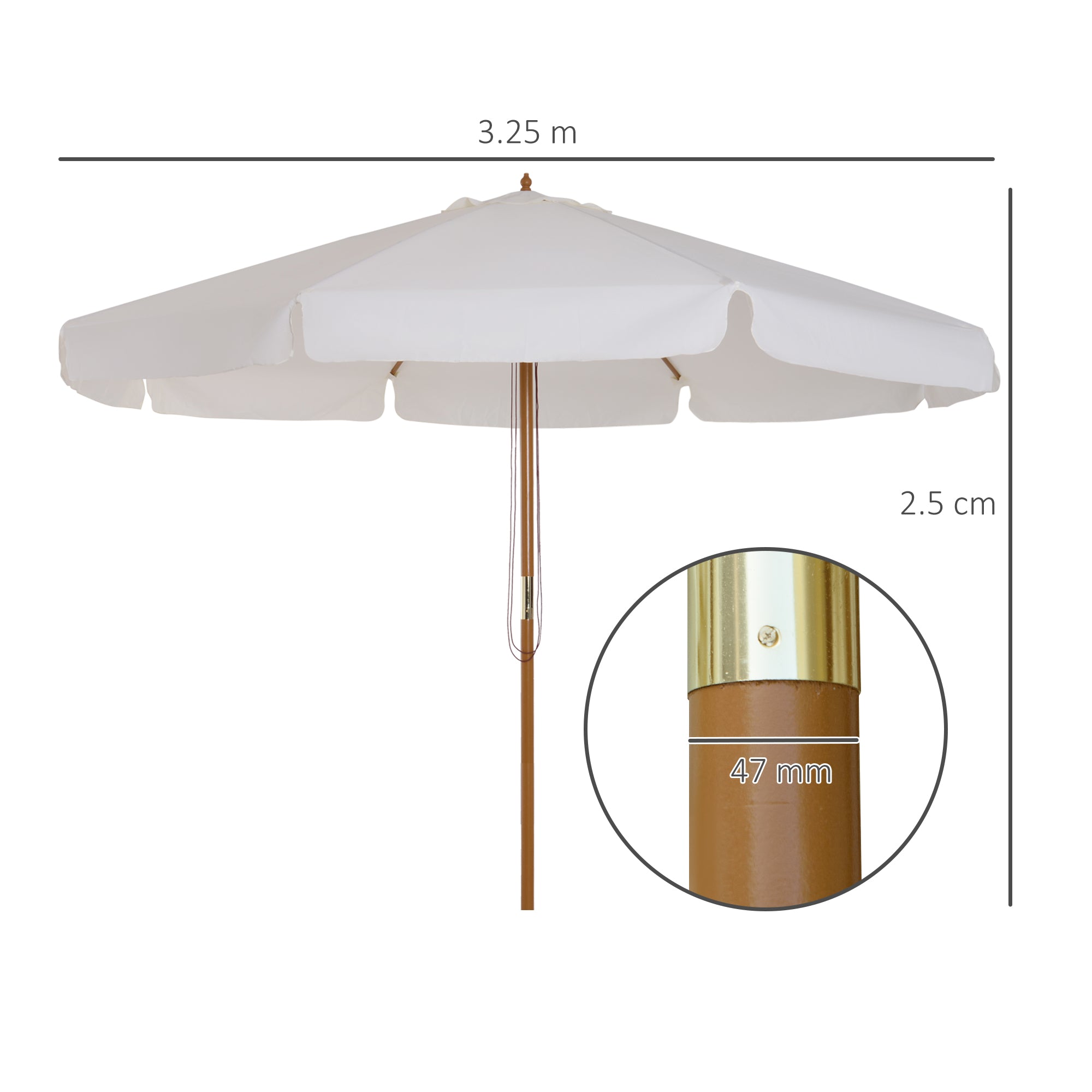 Outsunny 3.3(m) Garden Parasol Umbrella, Outdoor Sun Shade Canopy with 8 Bamboo Ribs, Ruffles and Wood Pole, Cream White