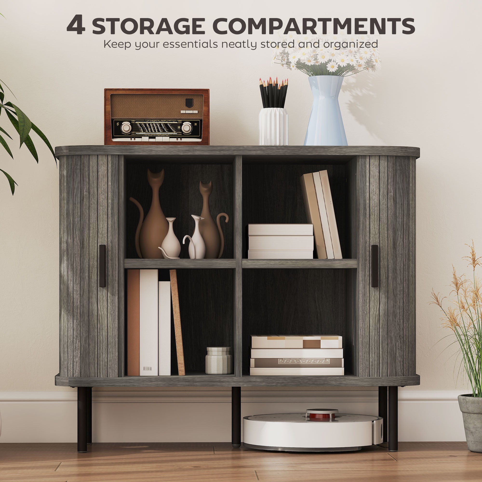 HOMCOM Mid-Century Modern Sideboard Storage Cabinet with Slatted Tambour Sliding Doors, Kitchen Cabinet with Steel Legs, Grey
