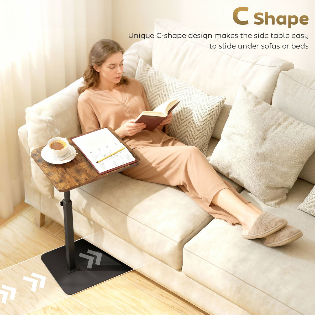 HOMCOM C Shaped Side Table, Small End Table with Adjustable Height and Metal Base for Living Room, Bedroom, Rustic Brown
