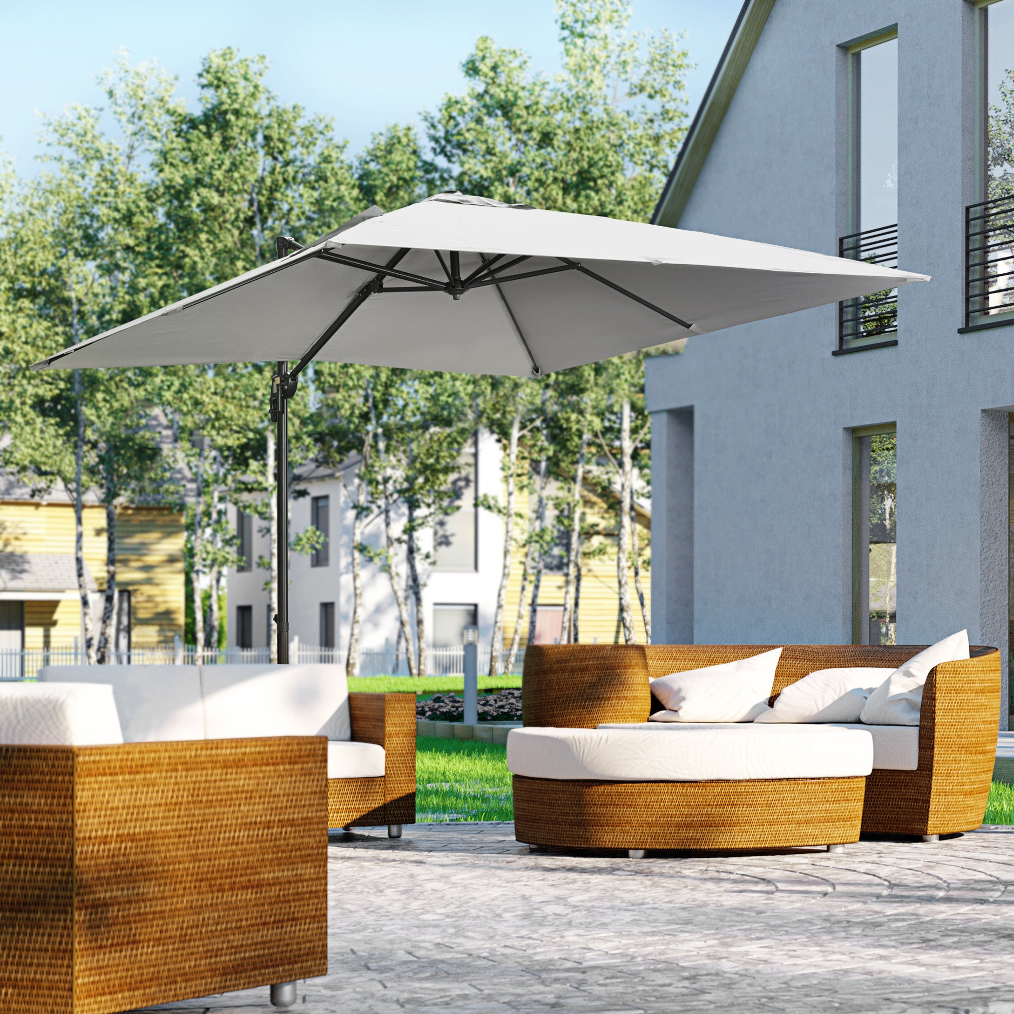 Outsunny 2.7 x 2.7 m Cantilever Parasol, Square Overhanging Umbrella with Cross Base, Crank Handle, Tilt, 360\'c2\'b0 Rotation and Aluminium Frame, Grey