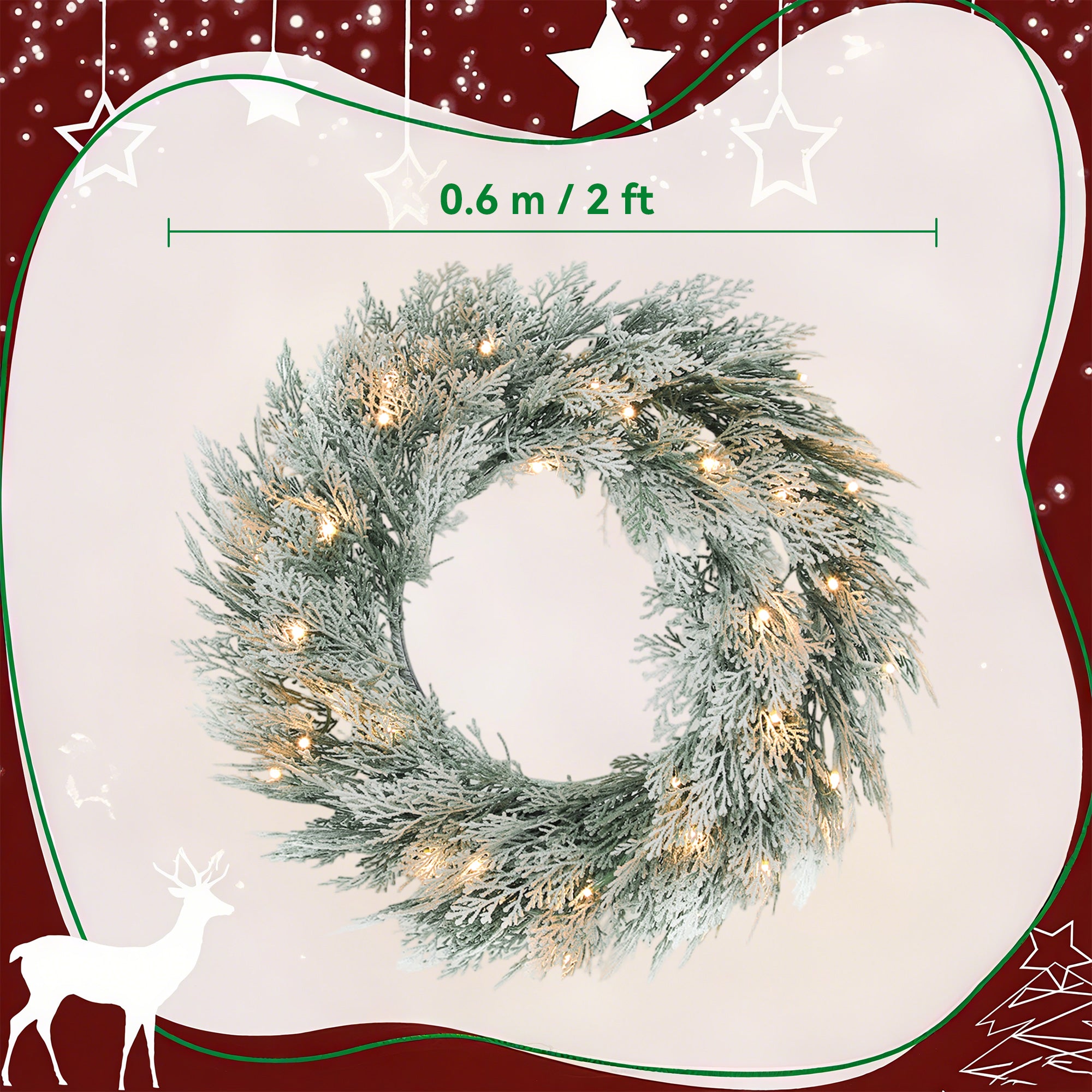 HOMCOM 60cm/ 24inch Flocked Prelit Christmas Wreath