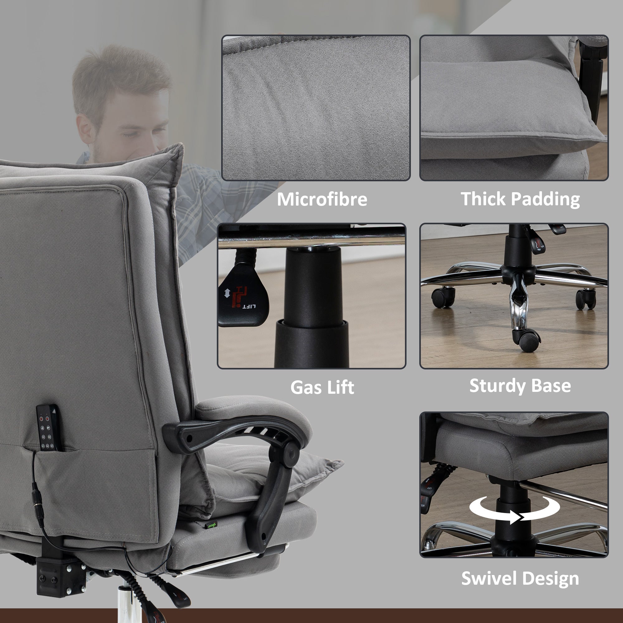 Vinsetto Massage Office Chair with Footrest, Desk Chair with 6 Point Massage and Heat, 155\'c2\'b0 Reclining Back for Home, Thick Padding, Grey