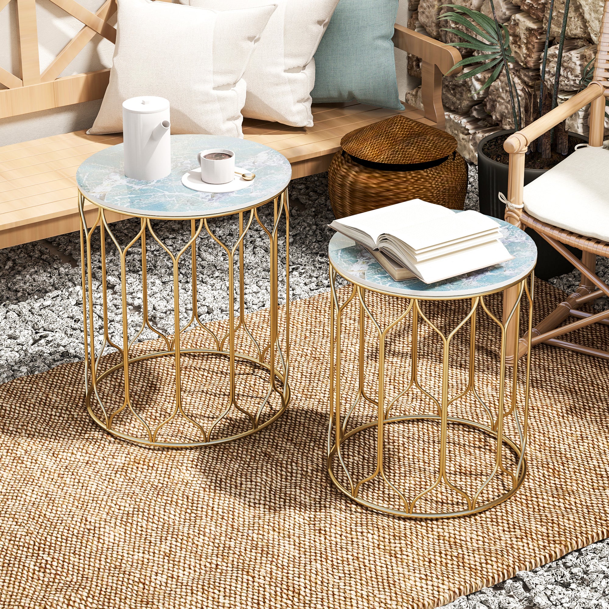 Outsunny Garden Side Table Set of 2, Nesting Tables with Ceramic Tile Top, Indoor Outdoor Small Garden Tables, Multifunctional End Tables with Metal Frame for Patio, Balcony, Porch, Multicoloured