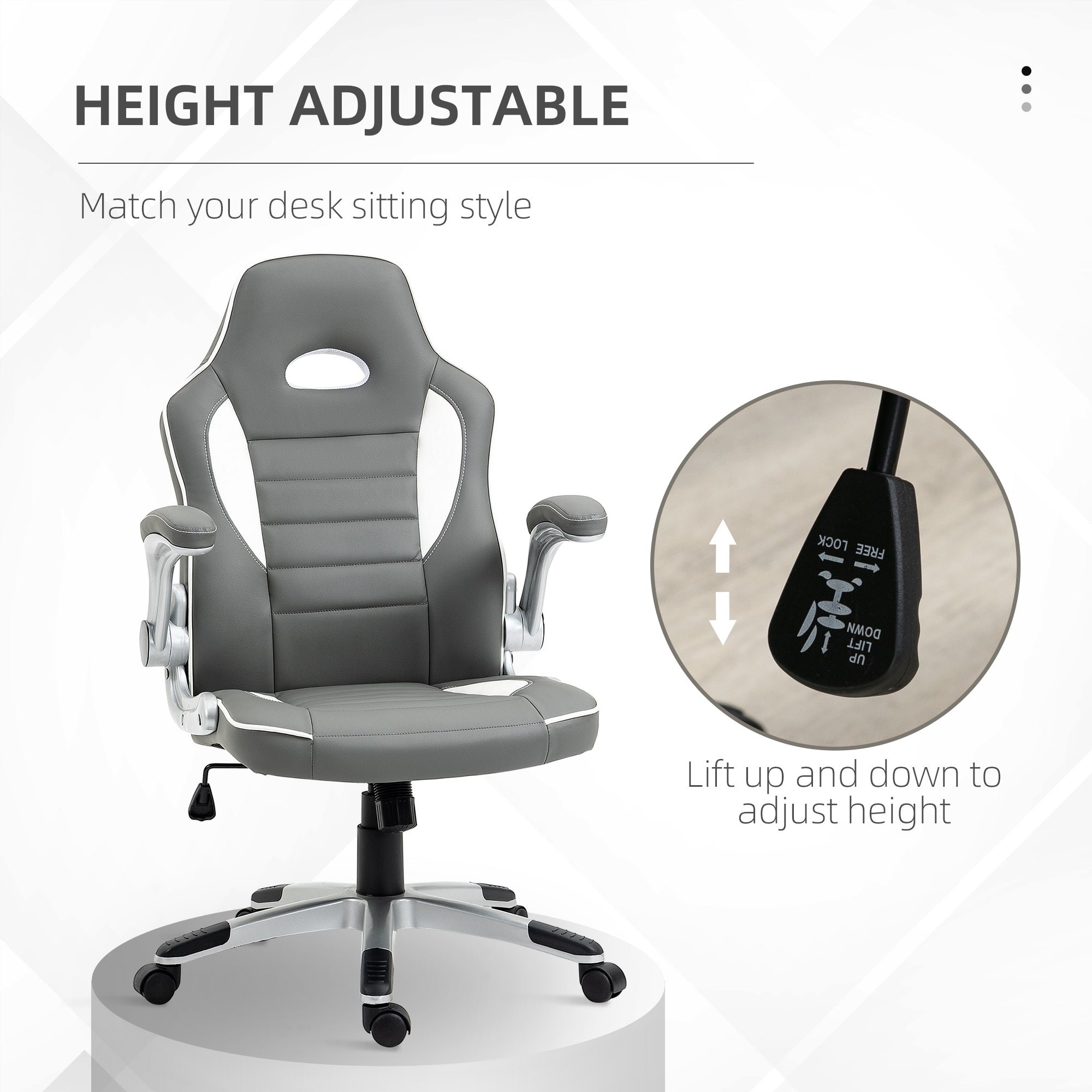 Vinsetto Computer Gaming Chair, Office Desk Swivel Chair, PU Leather Racing Chair with 90\'c2\'b0 Flip-up Armrest, Adjustable Height and Rolling Wheels, Grey