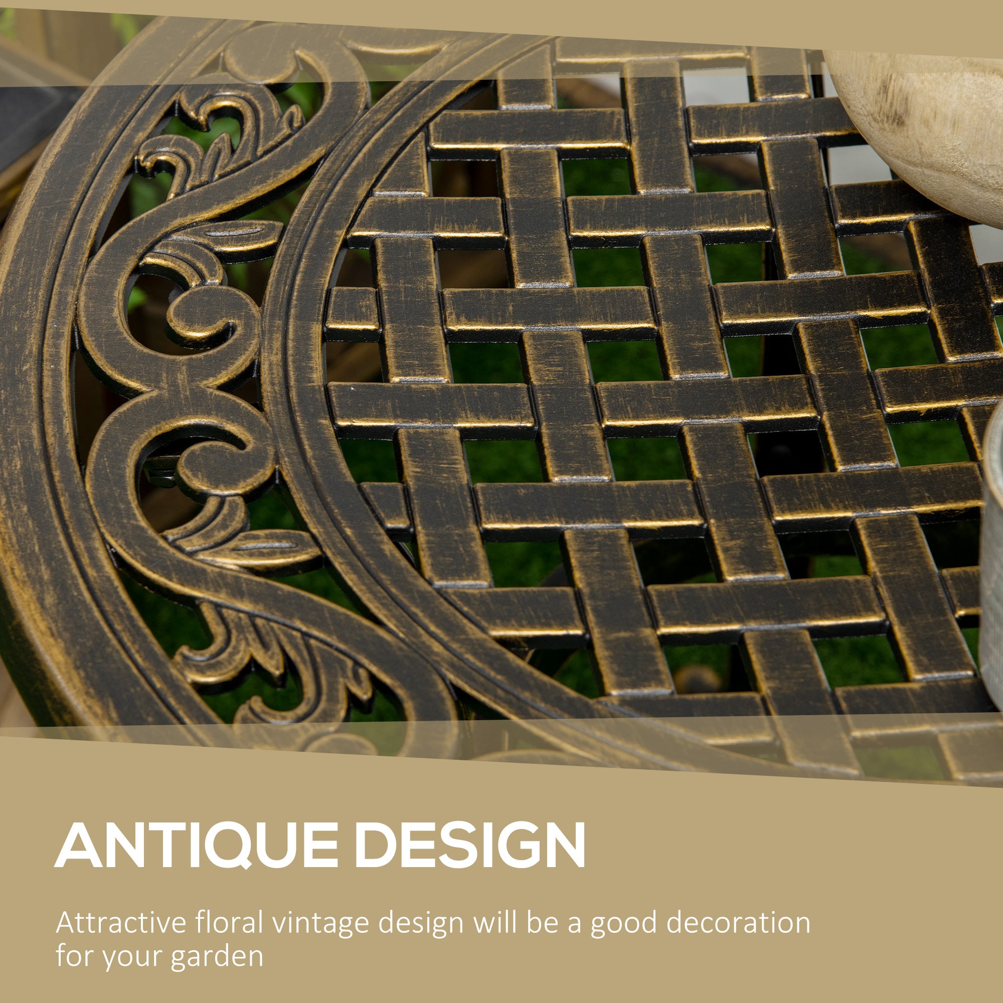 Outsunny 60cm Round Garden Table, Outdoor Hollow Top Design Side Table with Cast Aluminium Frame for Patio, Garden, Balcony, Bronze