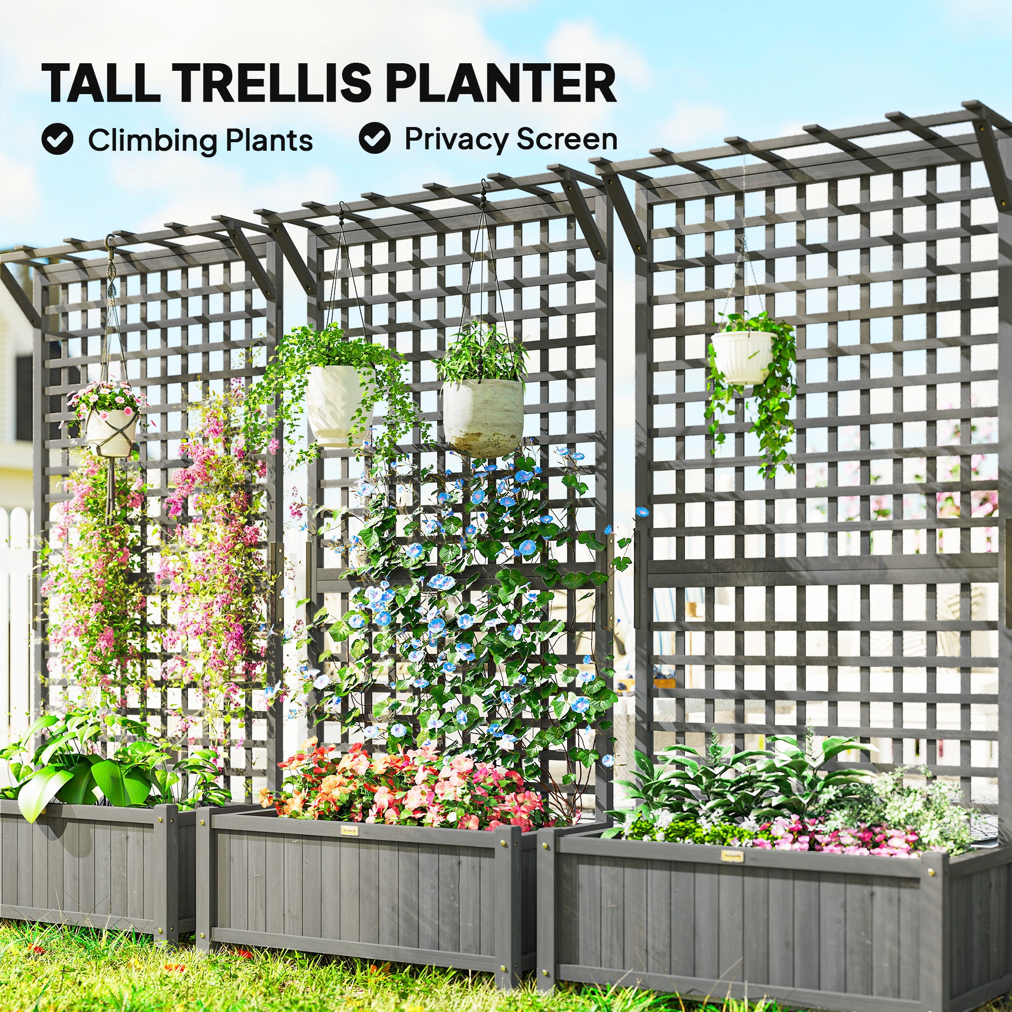 Outsunny Raised Bed with Drainage Holes, Wood Planter with Trellis for Climbing Plants, Dark Grey