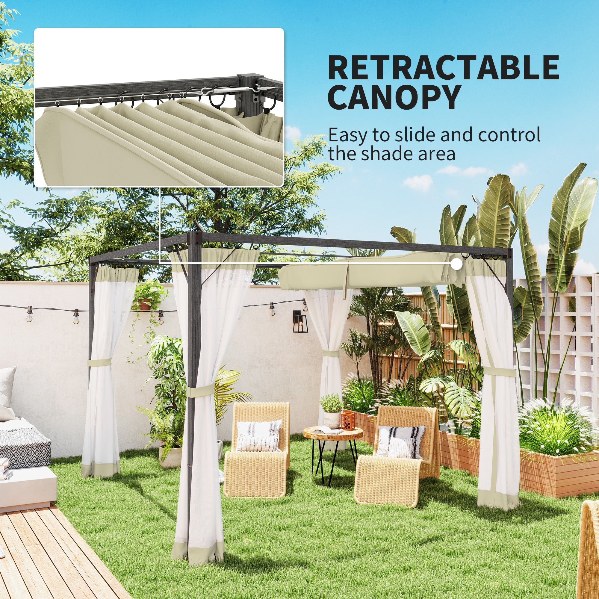 Outsunny 3 x 3m Aluminium Frame Pergola, with Retractable Roof - Khaki