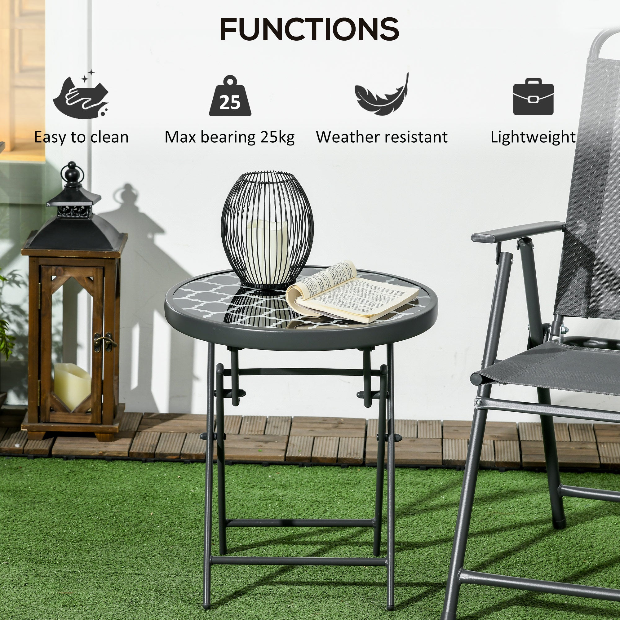 Outsunny \'ce\'a645cm Garden Side Table, Outdoor Round Folding Patio Table with Imitation Marble Glass Top, Small Coffee Table, Black and White