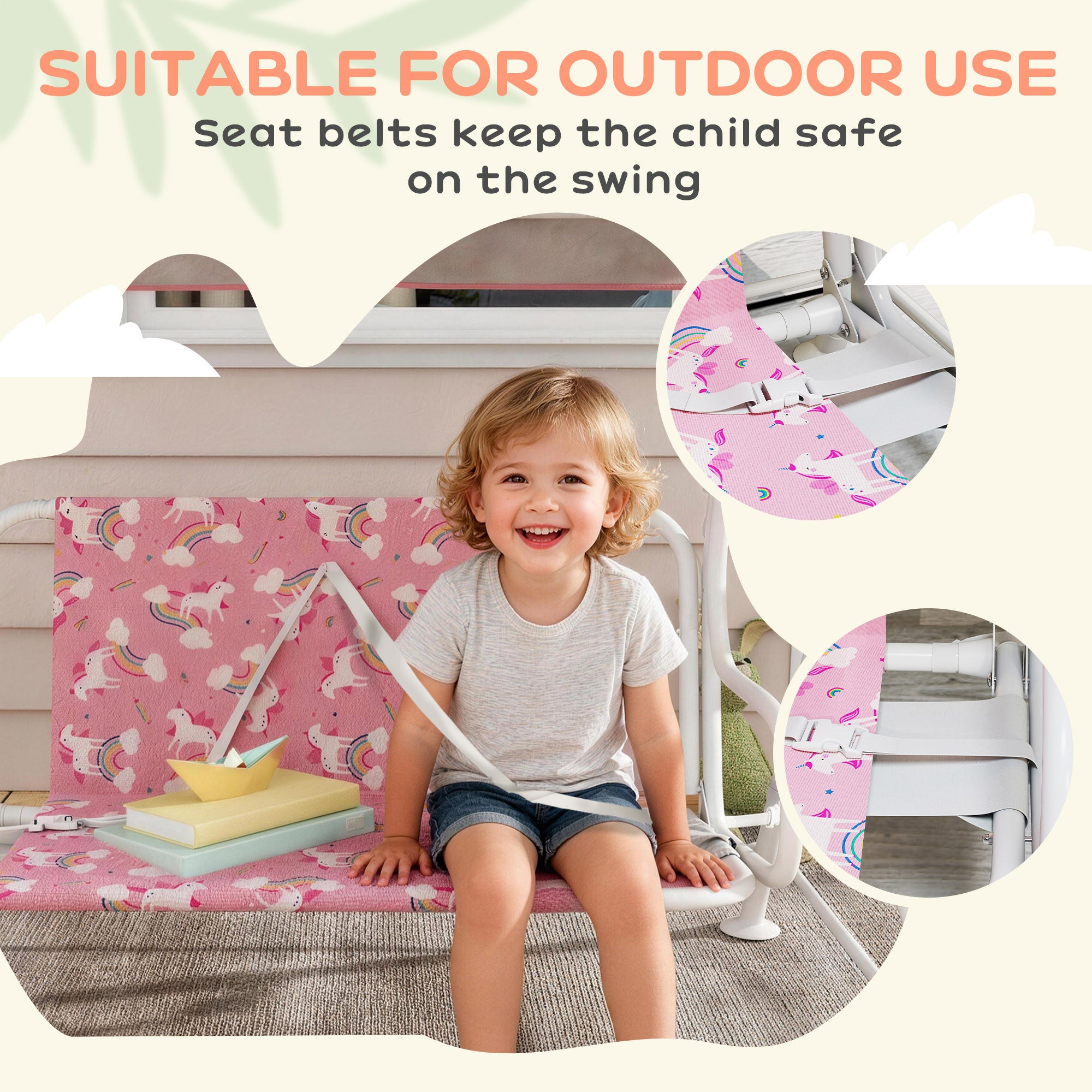 AIYAPLAY Kids Porch Swing, 2-Seater Patio Swing Bench Hammock with Seat Belts, Adjustable Canopy for Garden, Pink