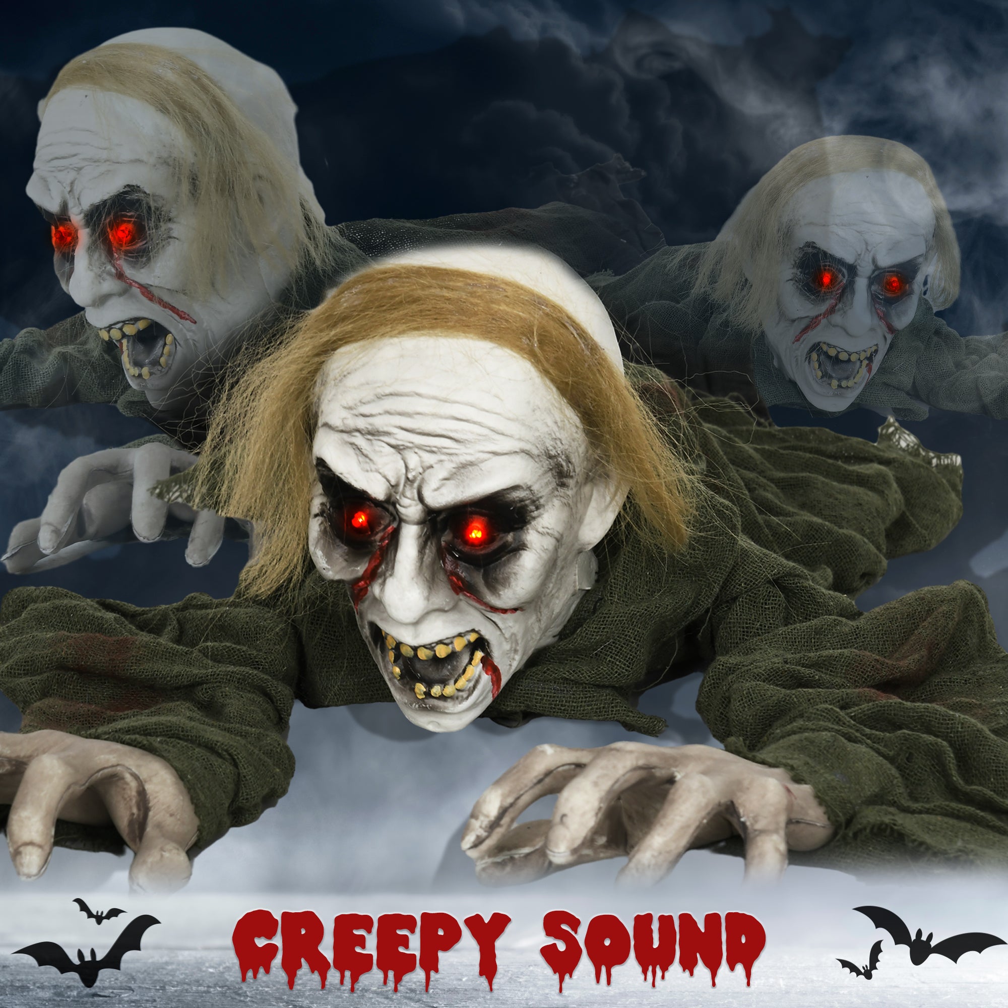 HOMCOM 167 cm Outdoor Halloween Decoration Crawling Zombie, Animated Prop Decor with Sound Activated, Light Up Eyes