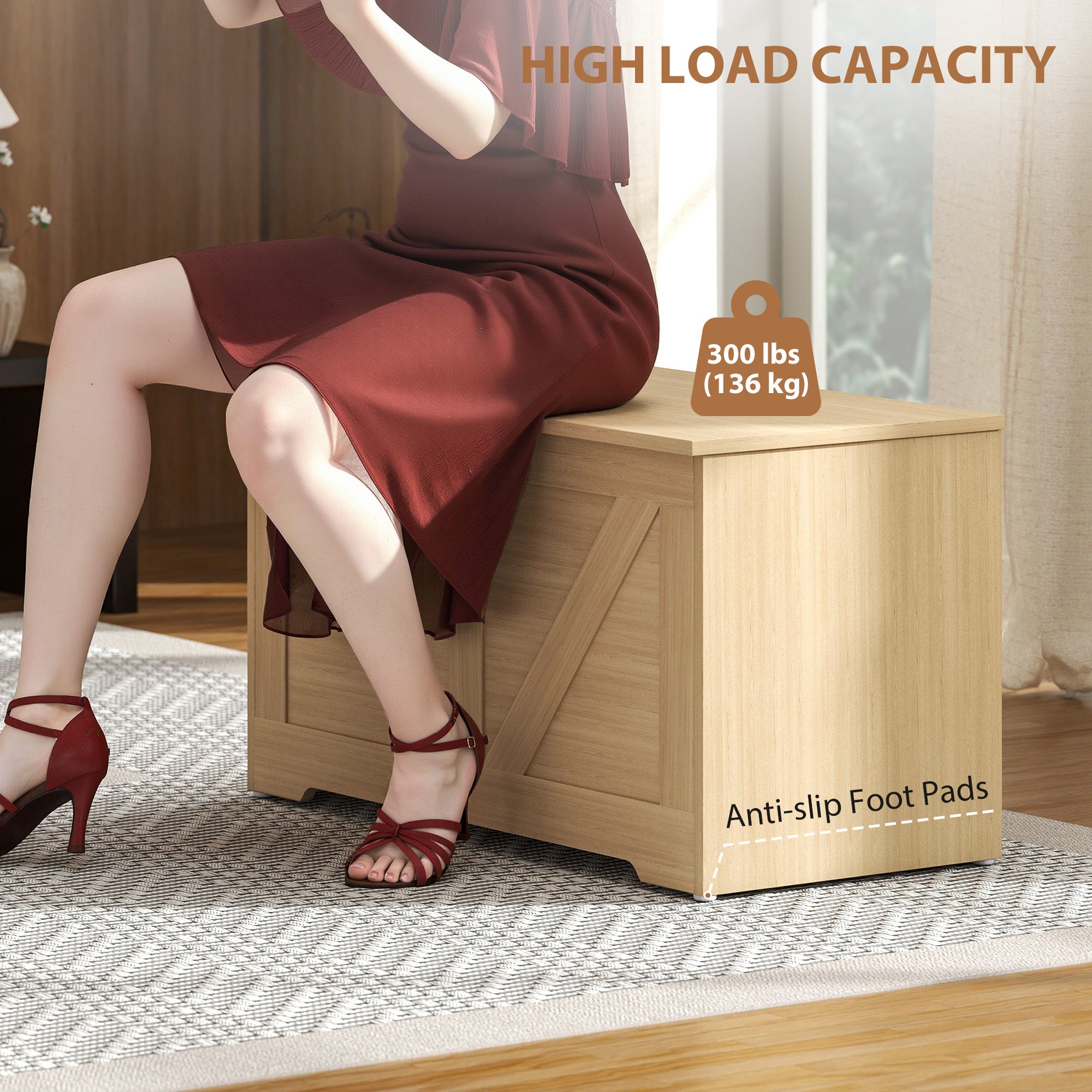 HOMCOM 100L Home Storage Box, with Safety Hinges - Natural Wood Finish